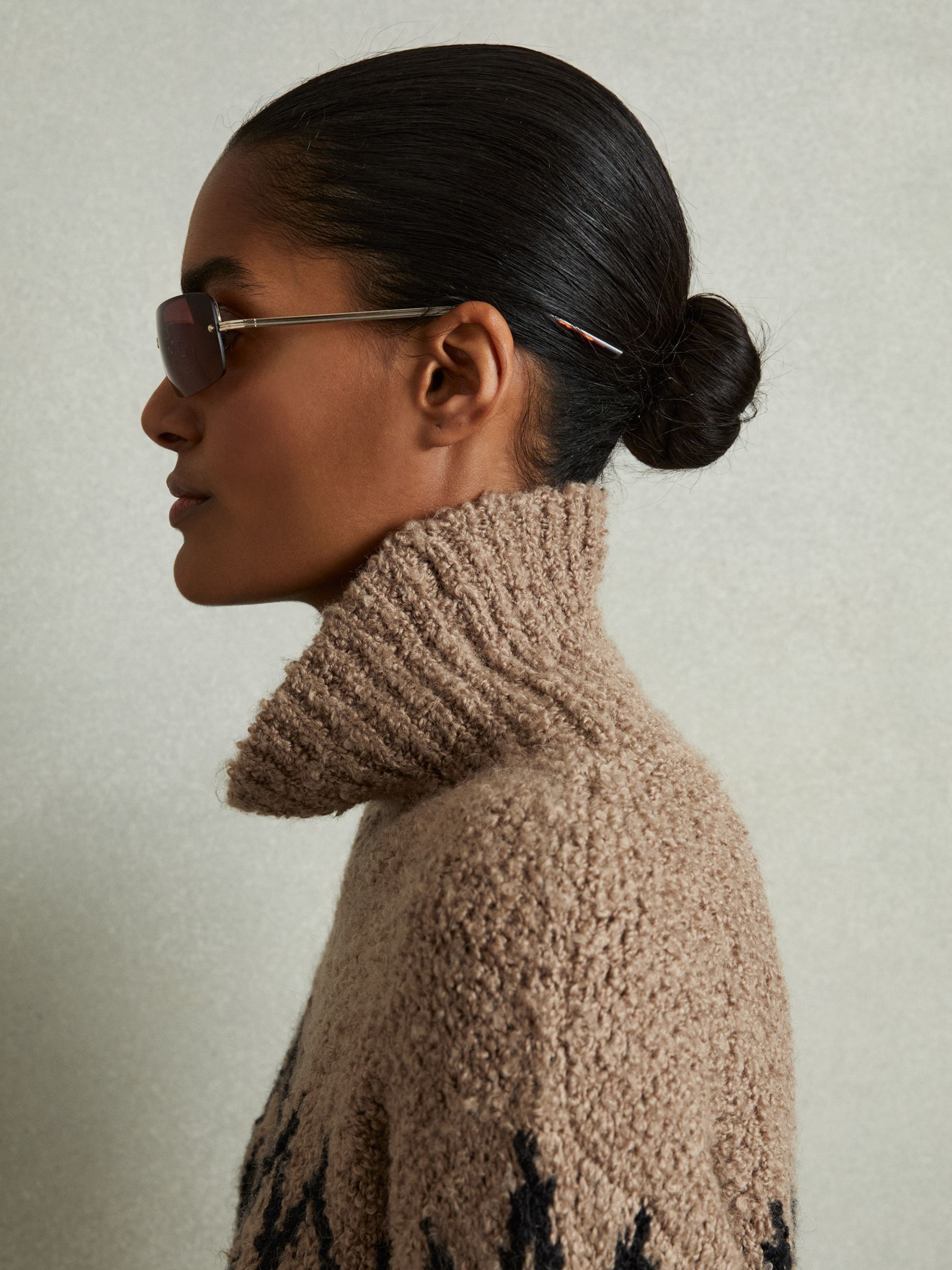 Chunky Fairisle Pattern Knit Funnel Neck Jumper in Brown - Image 4 of 6