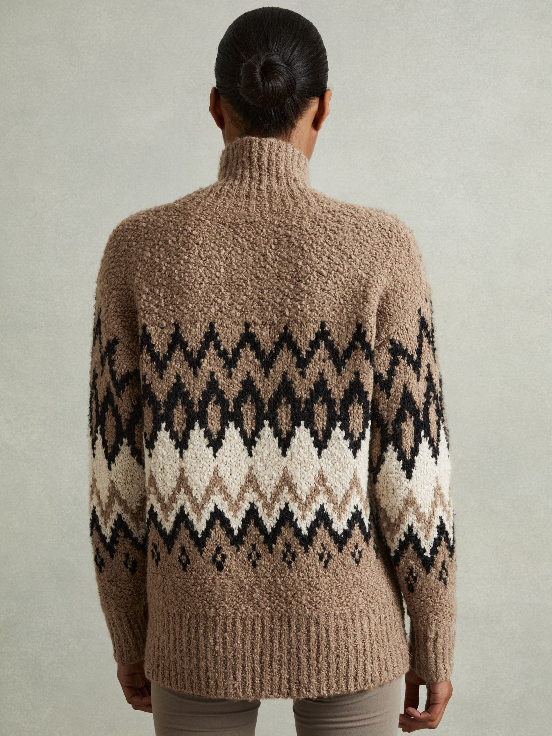 Chunky Fairisle Pattern Knit Funnel Neck Jumper in Brown - Image 5 of 6