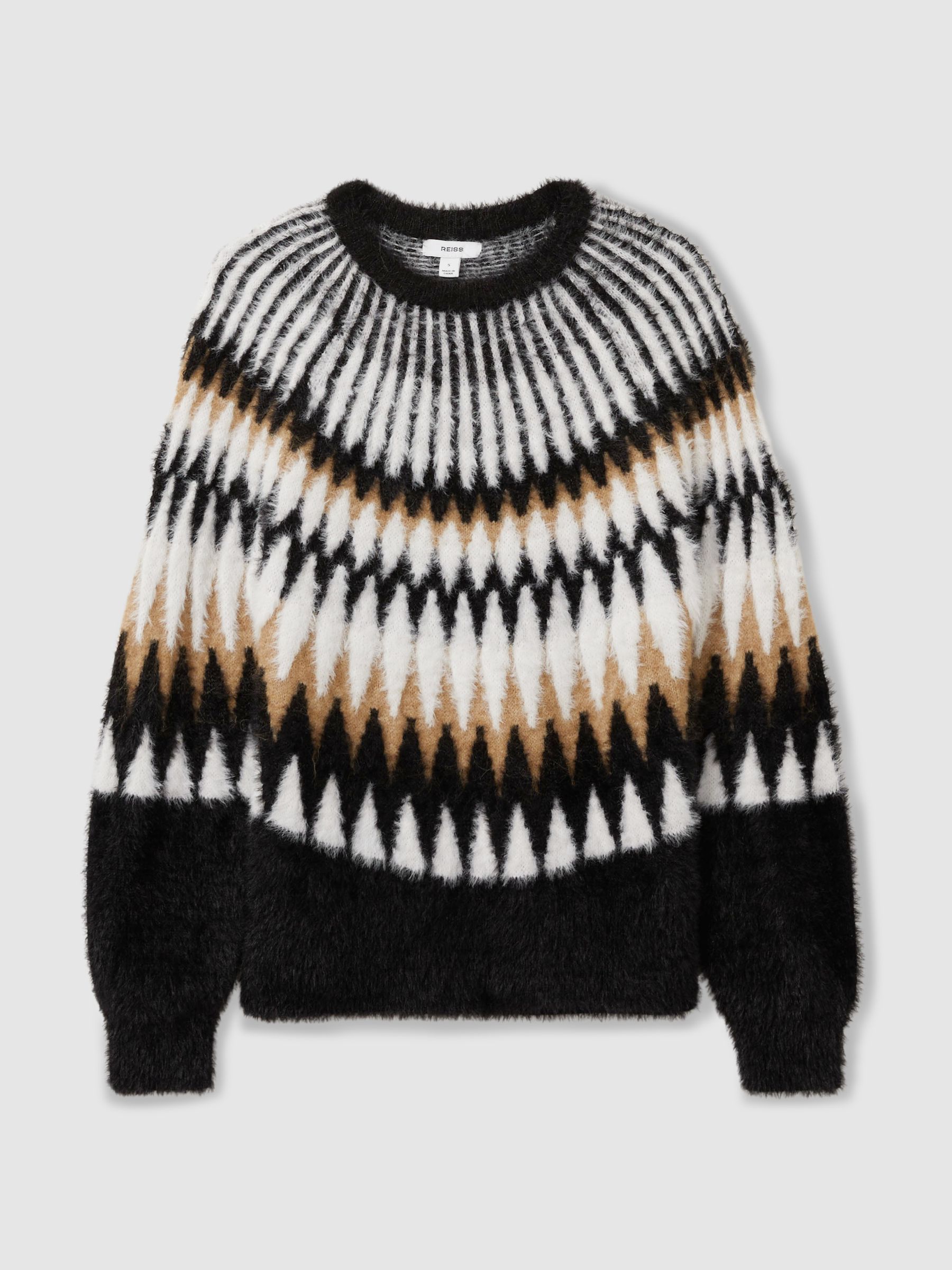 Fuzzy Fairisle Pattern Crew Neck Jumper in Black/Camel - Image 2 of 6