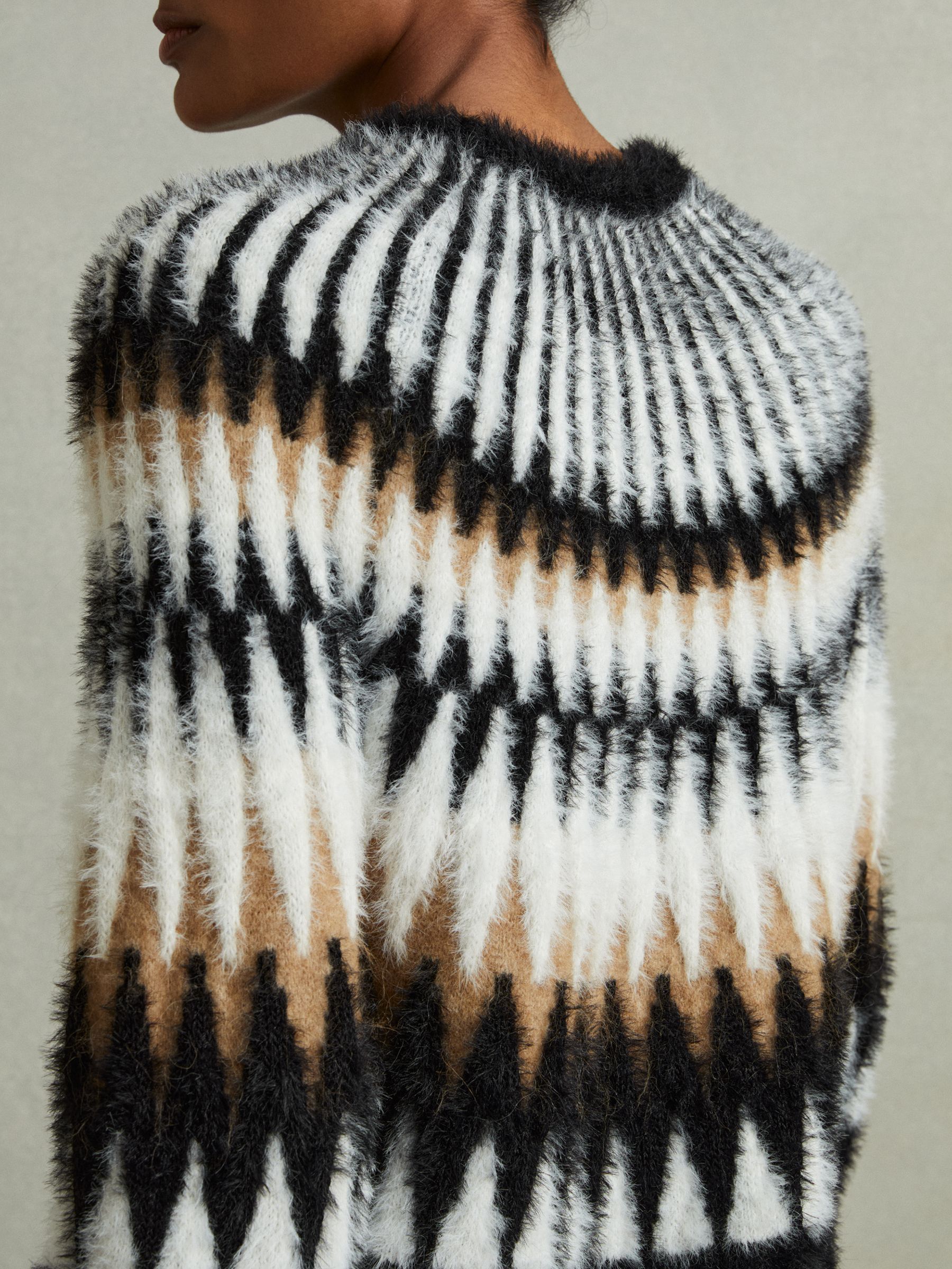 Fuzzy Fairisle Pattern Crew Neck Jumper in Black/Camel - Image 3 of 6