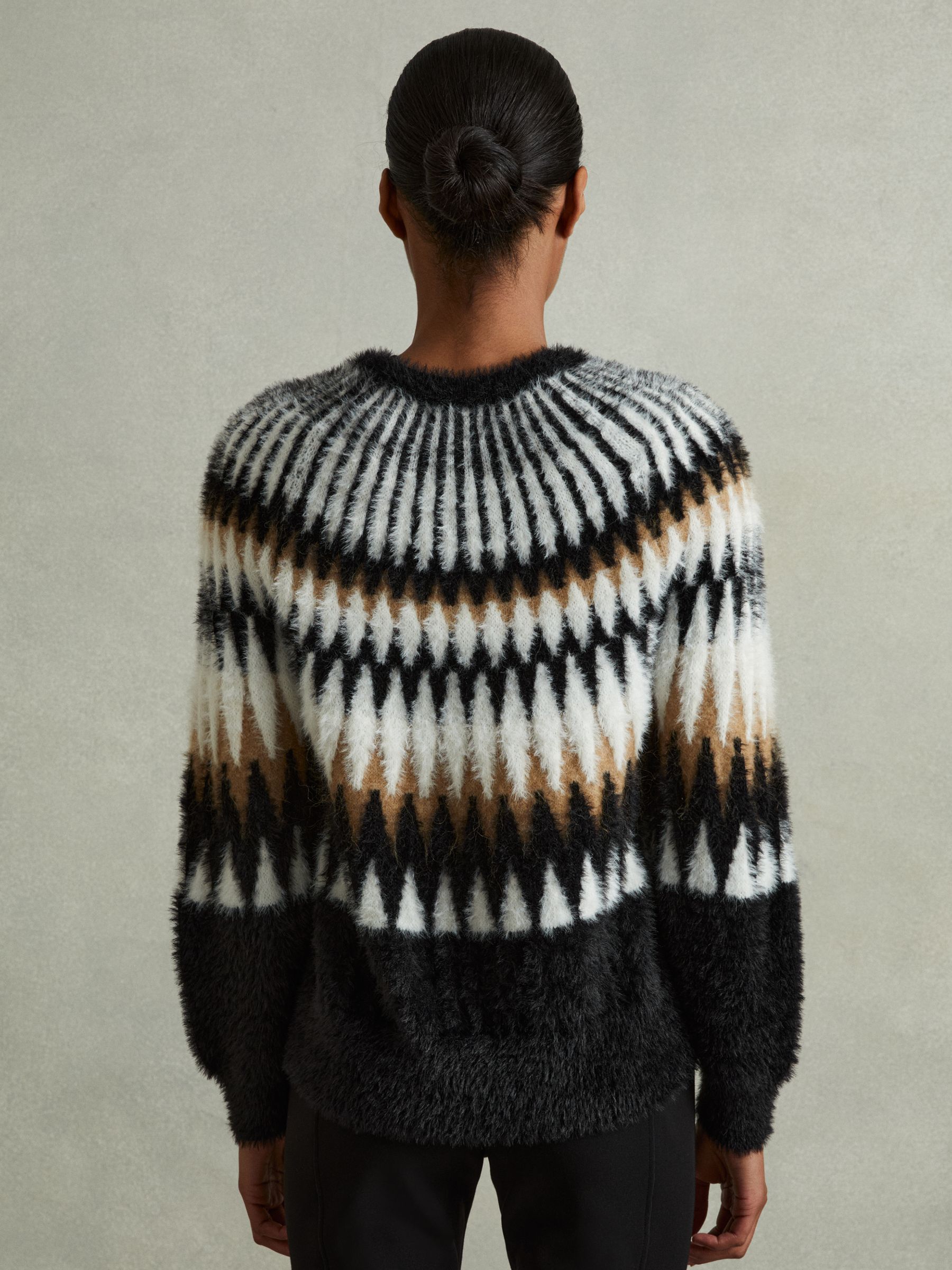 Fuzzy Fairisle Pattern Crew Neck Jumper in Black/Camel - Image 4 of 6