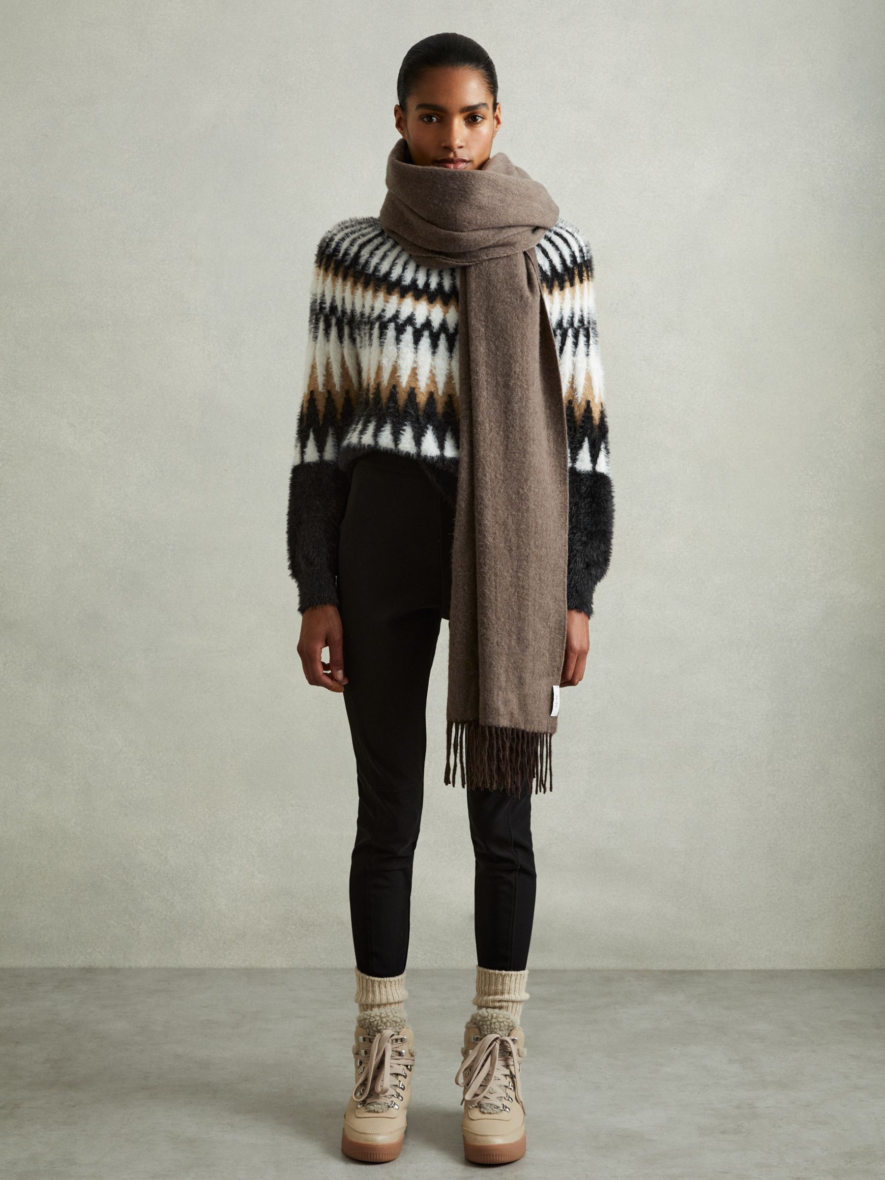 Fuzzy Fairisle Pattern Crew Neck Jumper in Black/Camel - Image 5 of 6