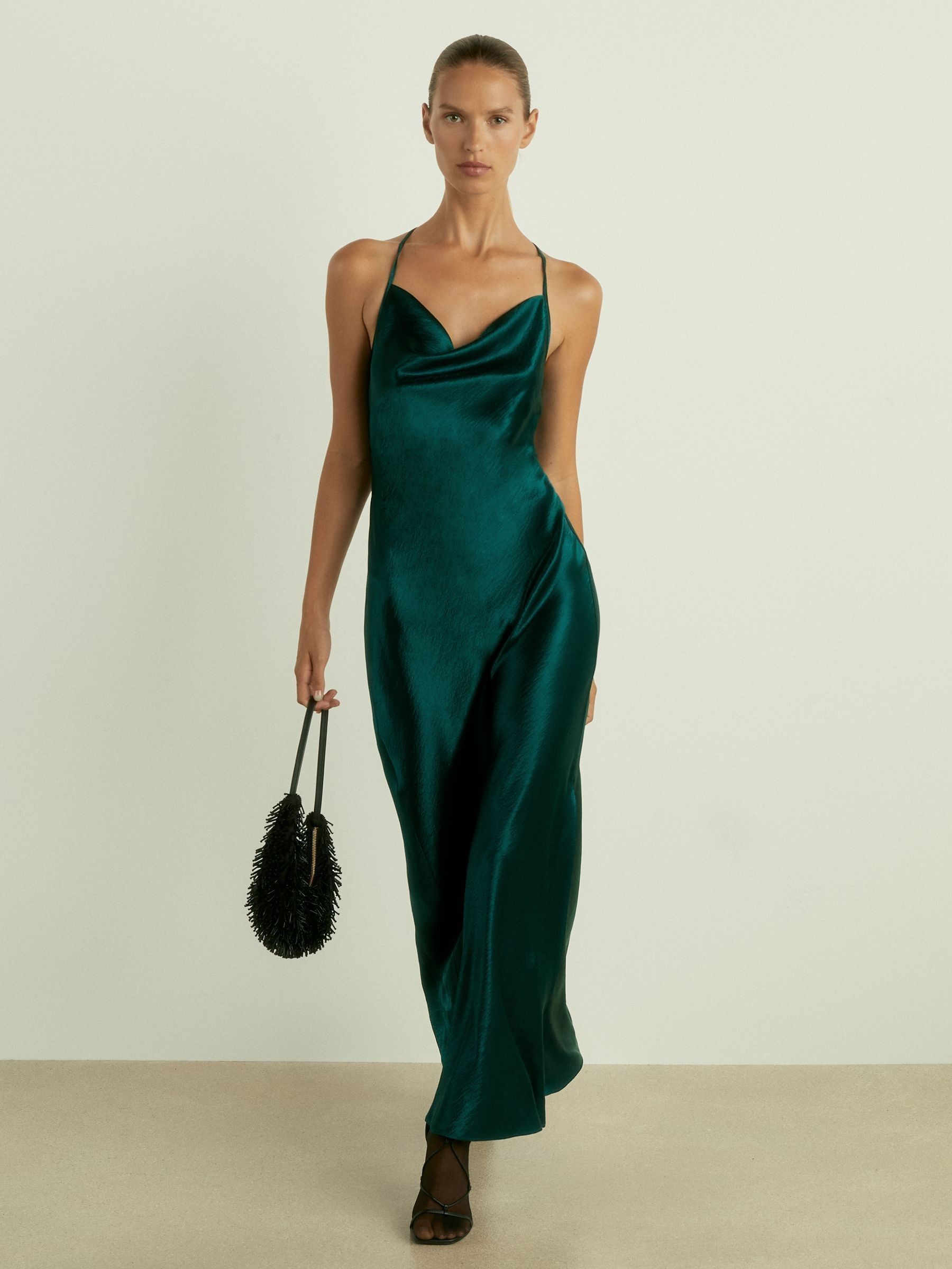 Cowl-Neck Satin Slip Dress in Teal - Image 1 of 6