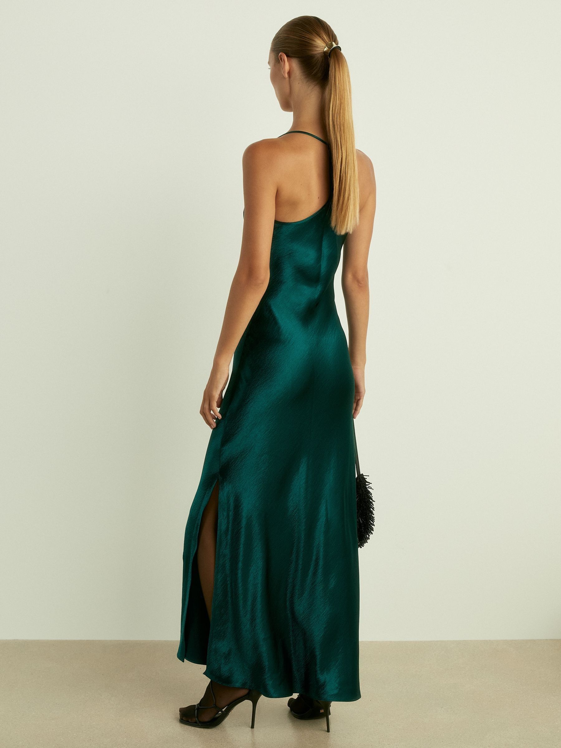 Cowl-Neck Satin Slip Dress in Teal - Image 4 of 6