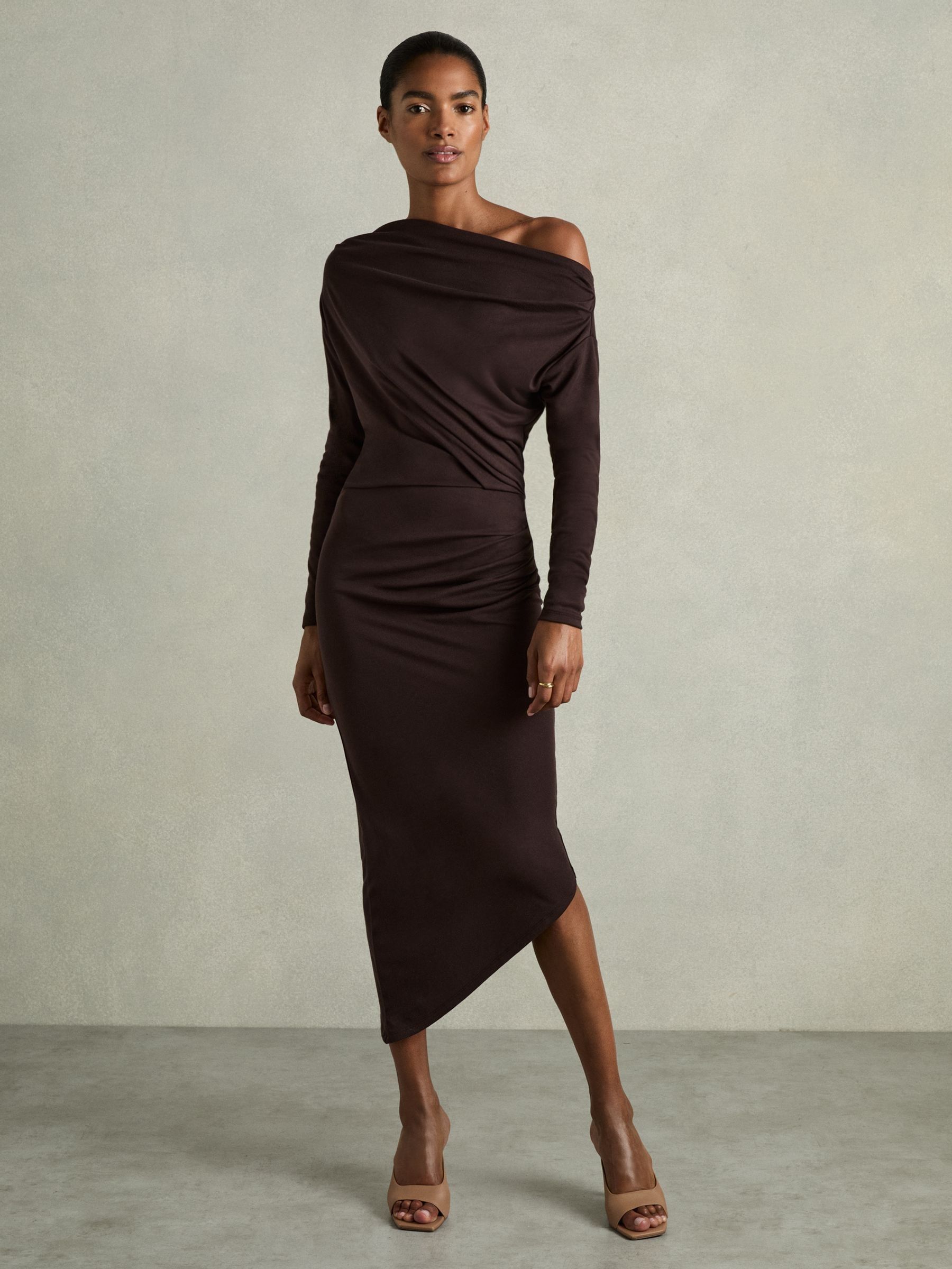 Off-The-Shoulder Ruched Jersey Midi Dress in Brown - Image 1 of 7