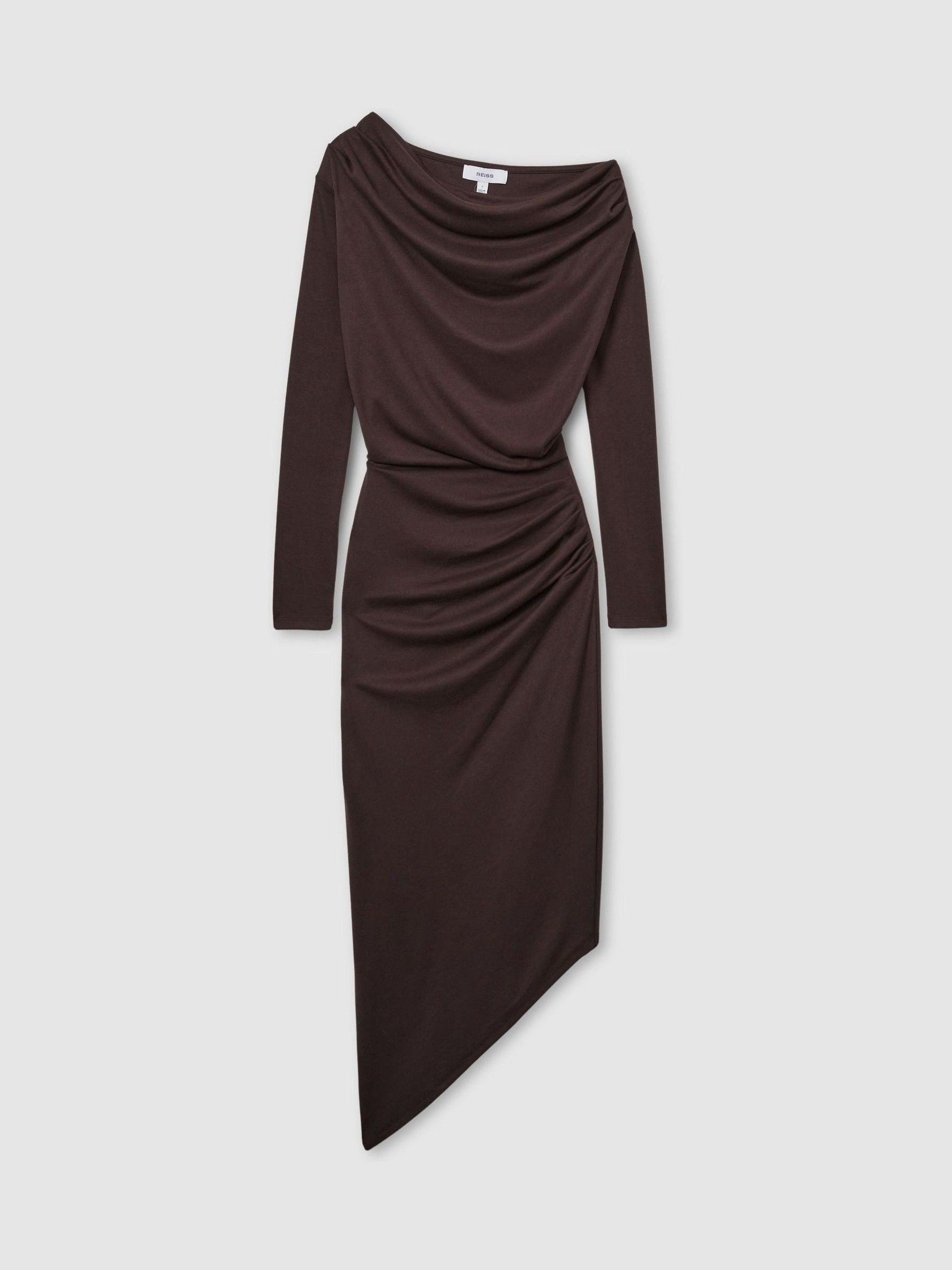 Off-The-Shoulder Ruched Jersey Midi Dress in Brown - Image 3 of 7