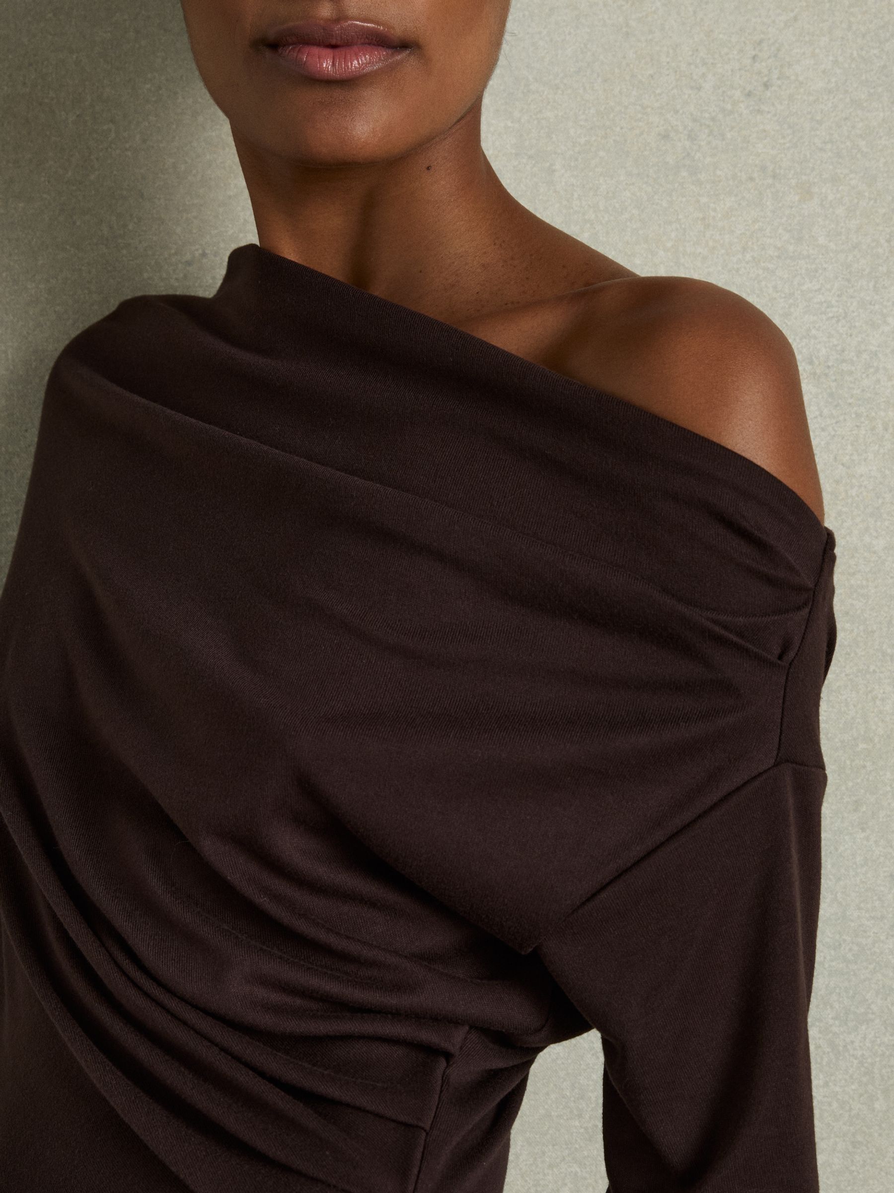 Off-The-Shoulder Ruched Jersey Midi Dress in Brown - Image 5 of 7