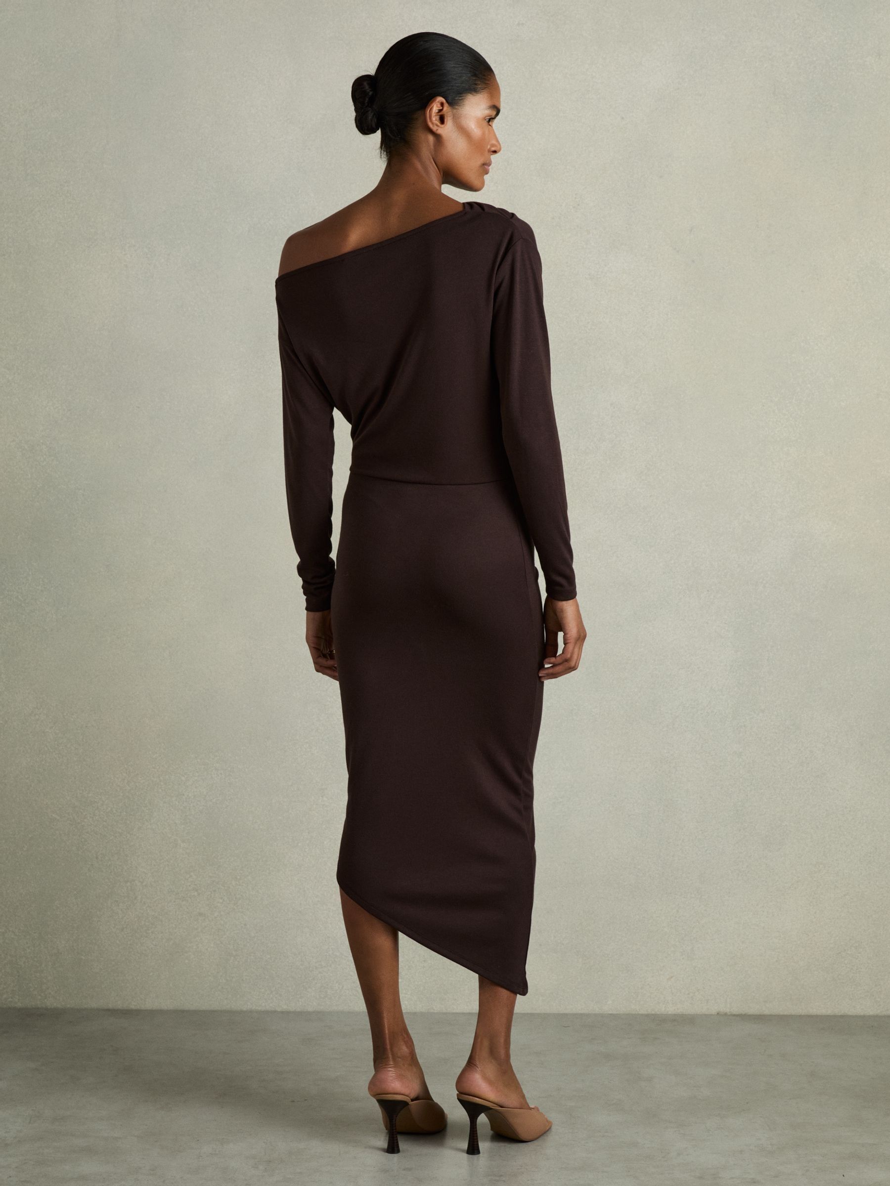 Off-The-Shoulder Ruched Jersey Midi Dress in Brown - Image 6 of 7