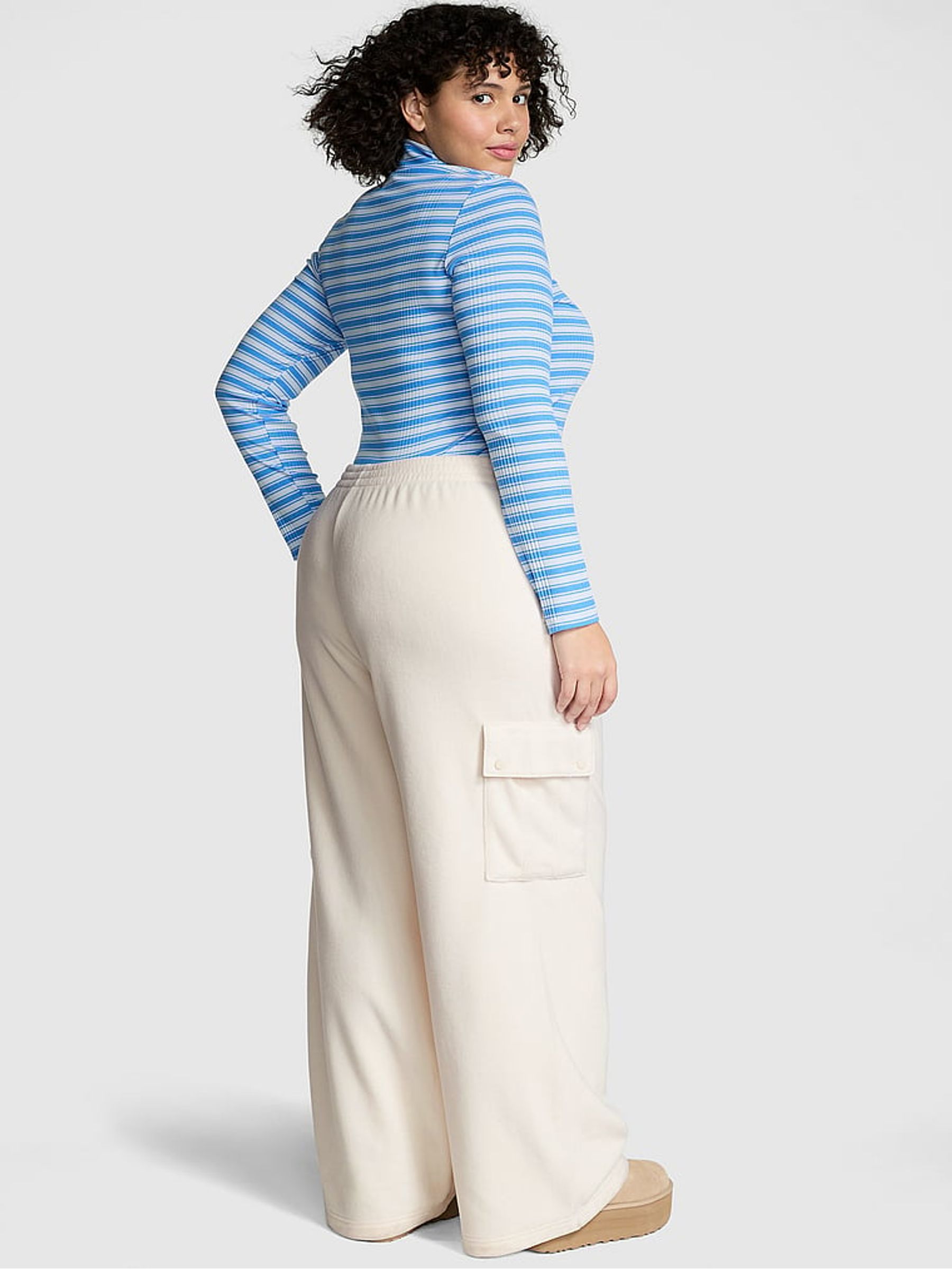 White Shell Fleece Wide Leg Cargo Joggers - Image 2 of 5