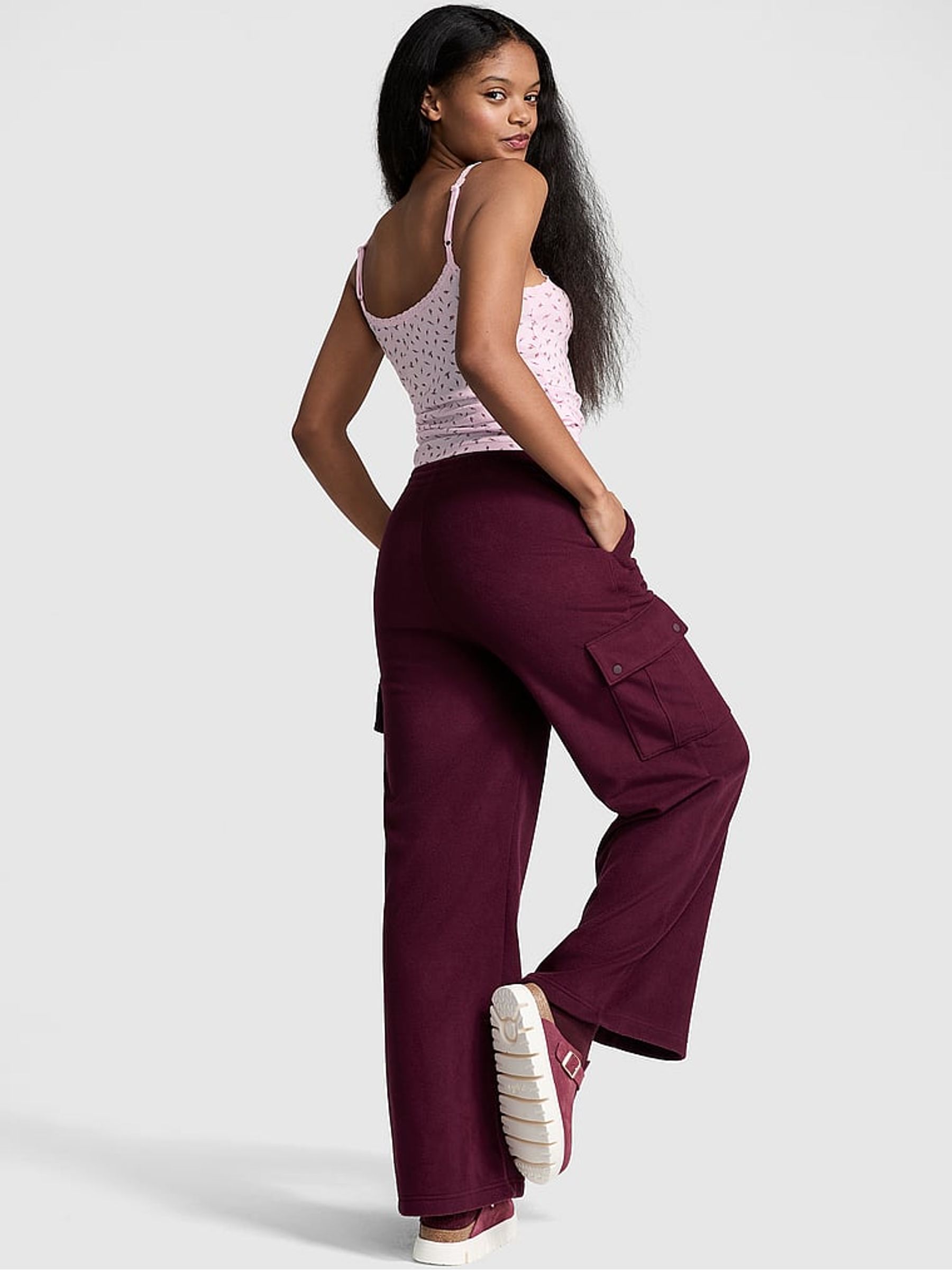 Purple Rose Fleece Wide Leg Cargo Joggers - Image 2 of 4