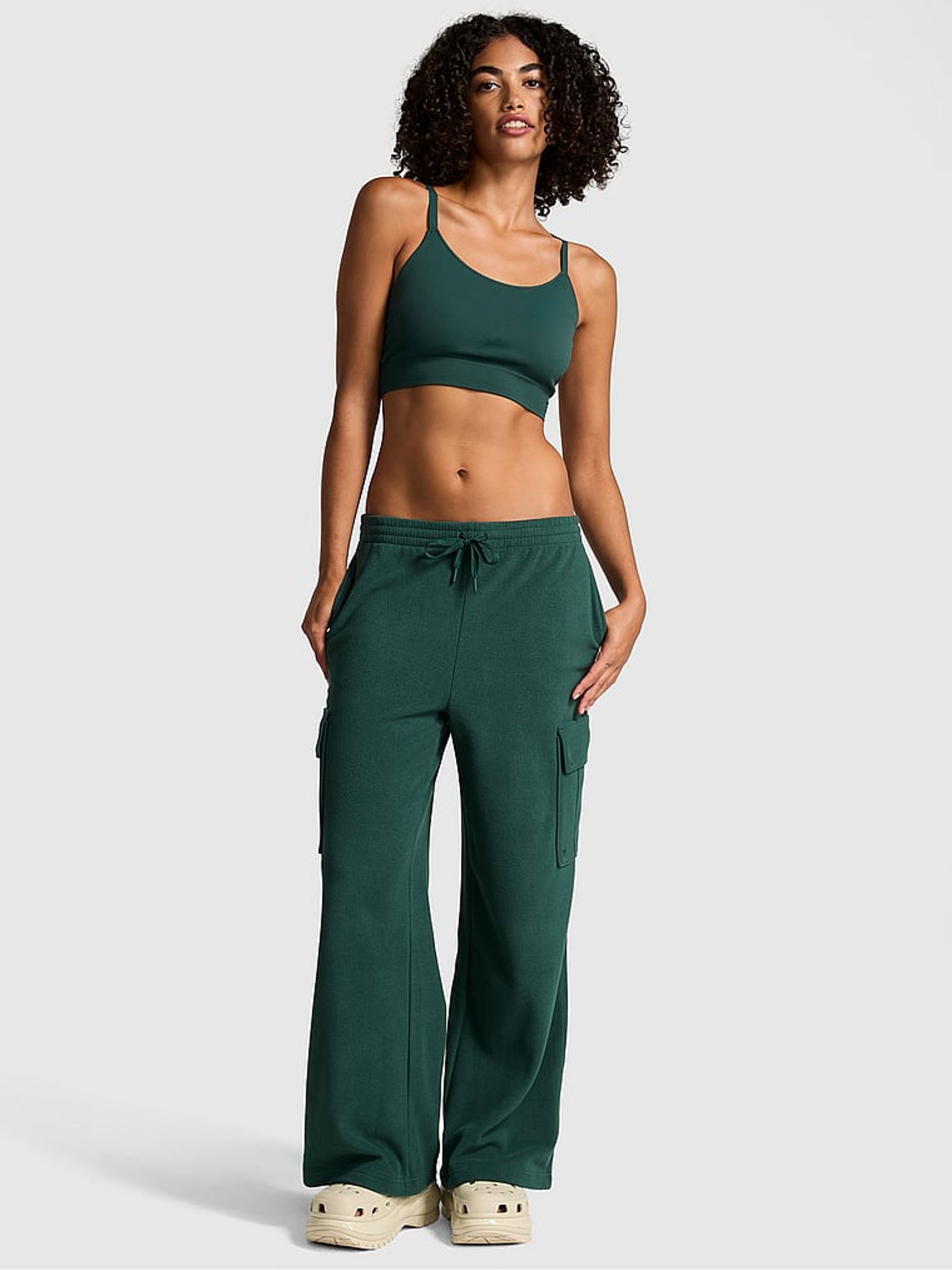 Deep Forest Green Fleece Wide Leg Cargo Joggers - Image 1 of 3