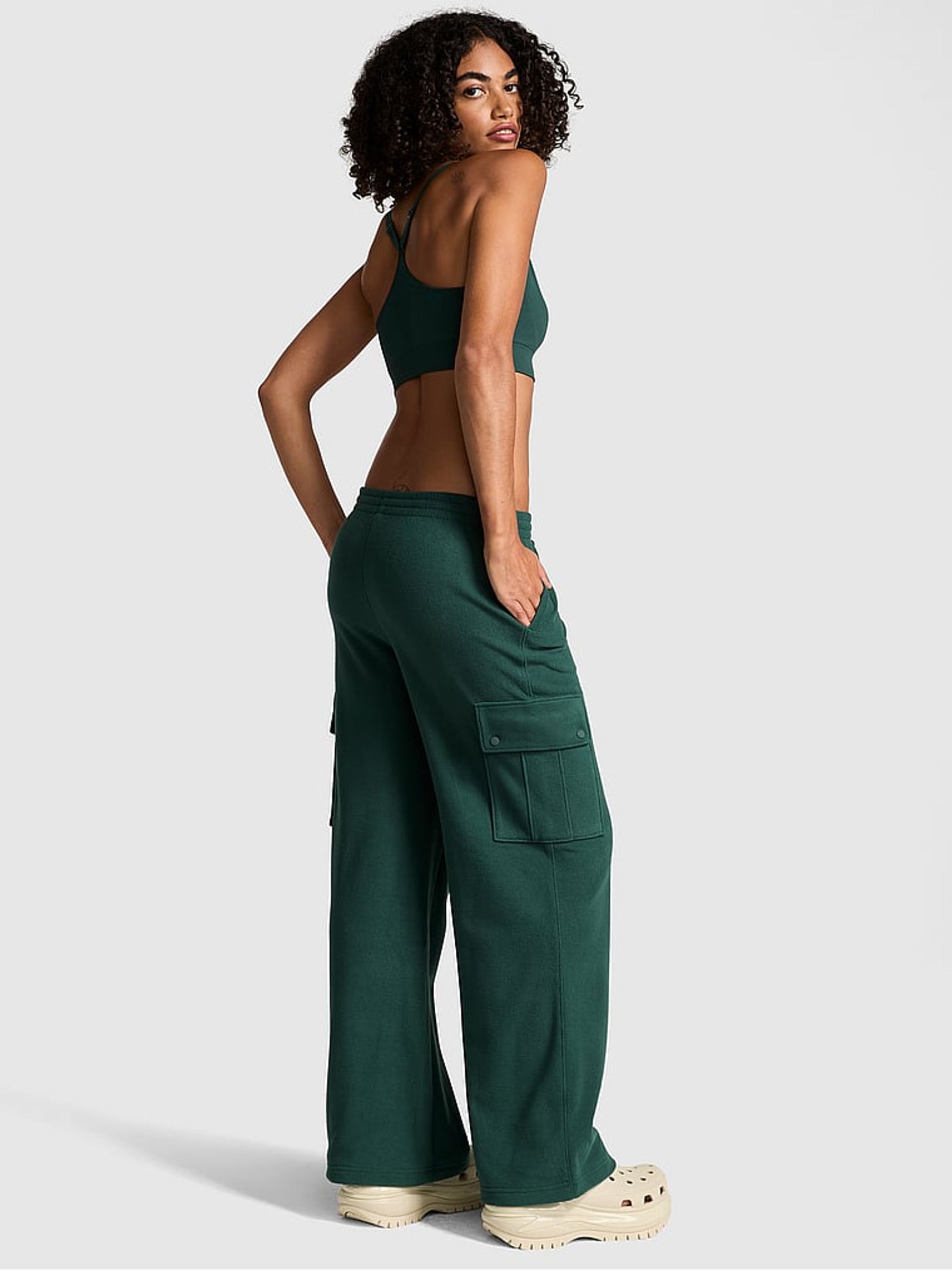 Deep Forest Green Fleece Wide Leg Cargo Joggers - Image 2 of 3