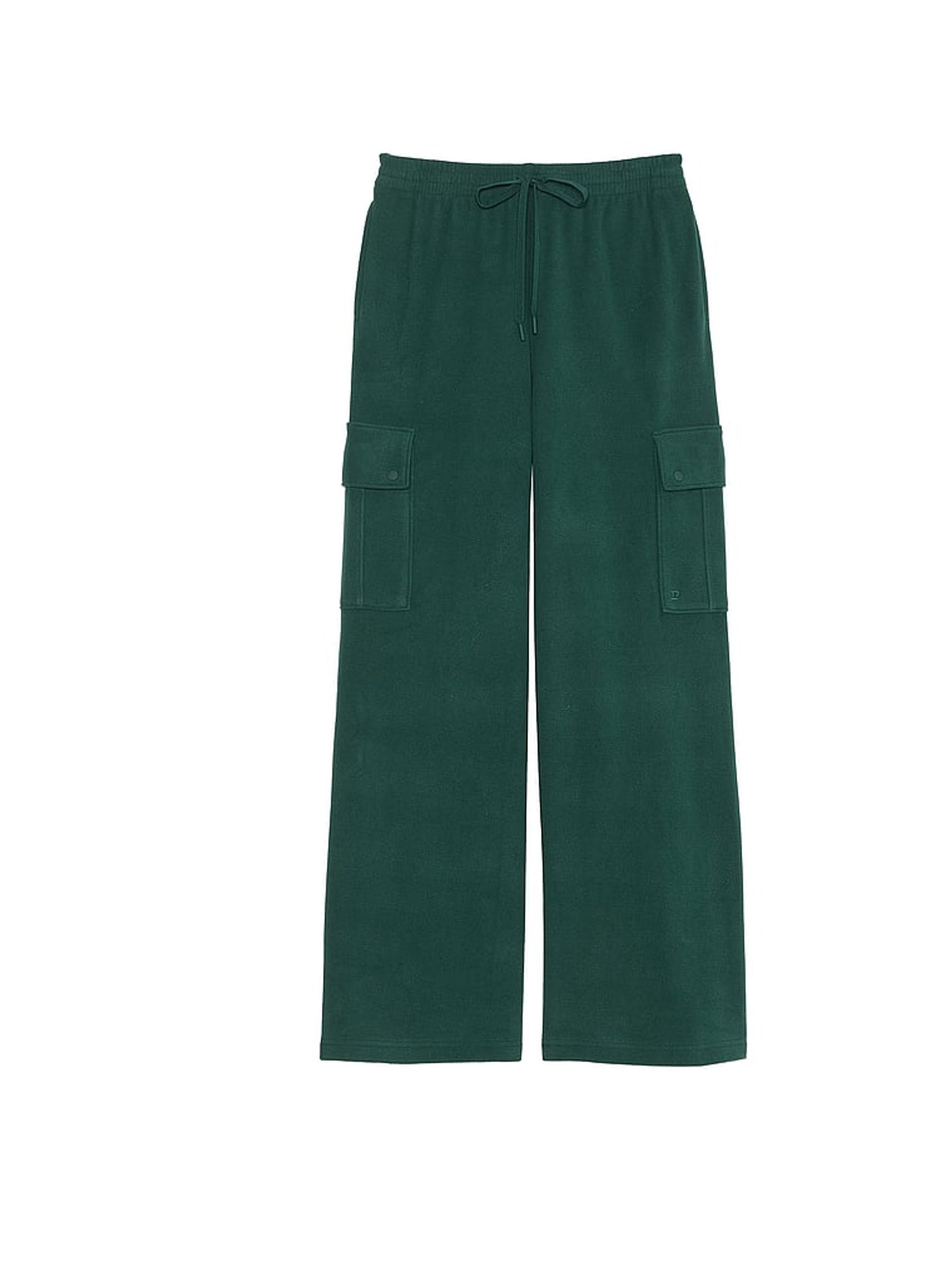 Deep Forest Green Fleece Wide Leg Cargo Joggers - Image 3 of 3