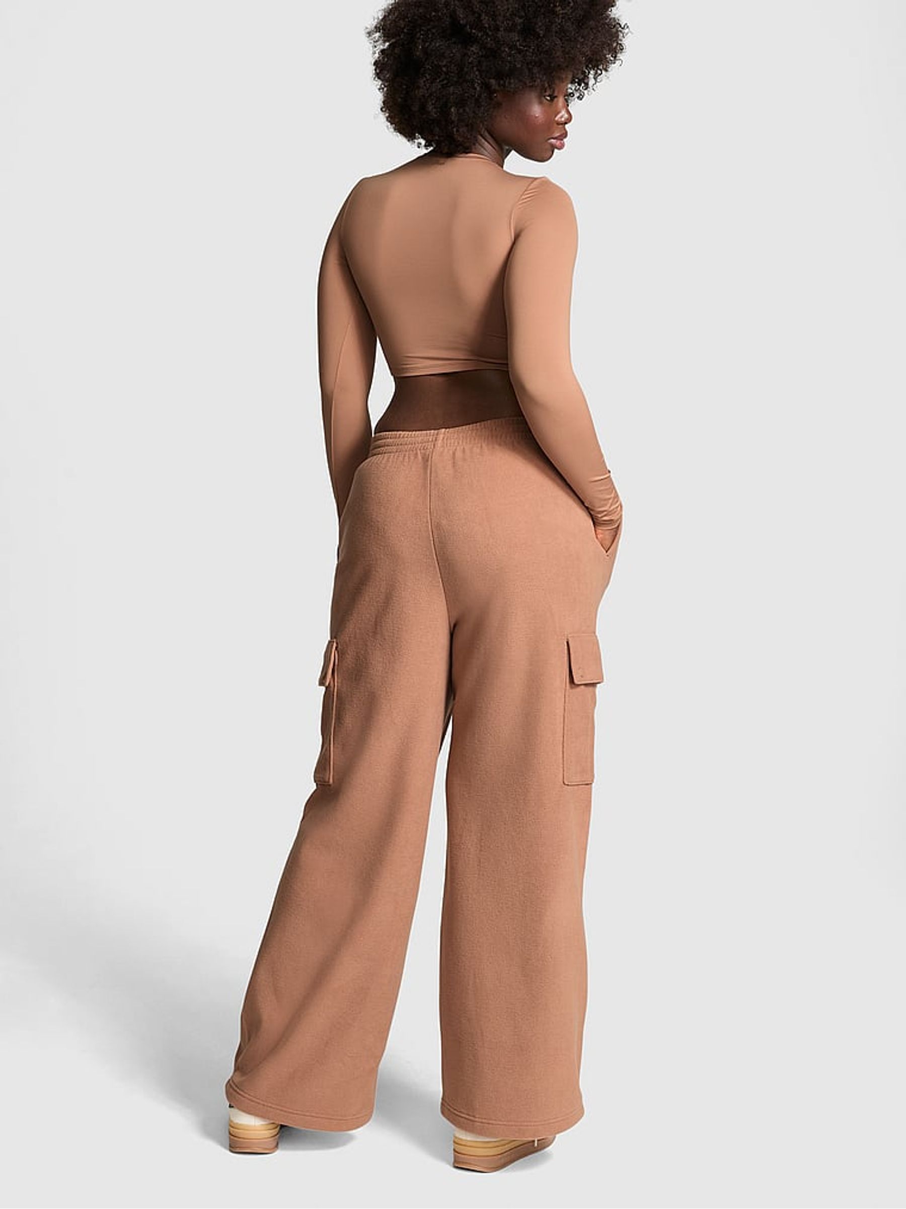 Toffee Brown Fleece Wide Leg Cargo Joggers - Image 2 of 3