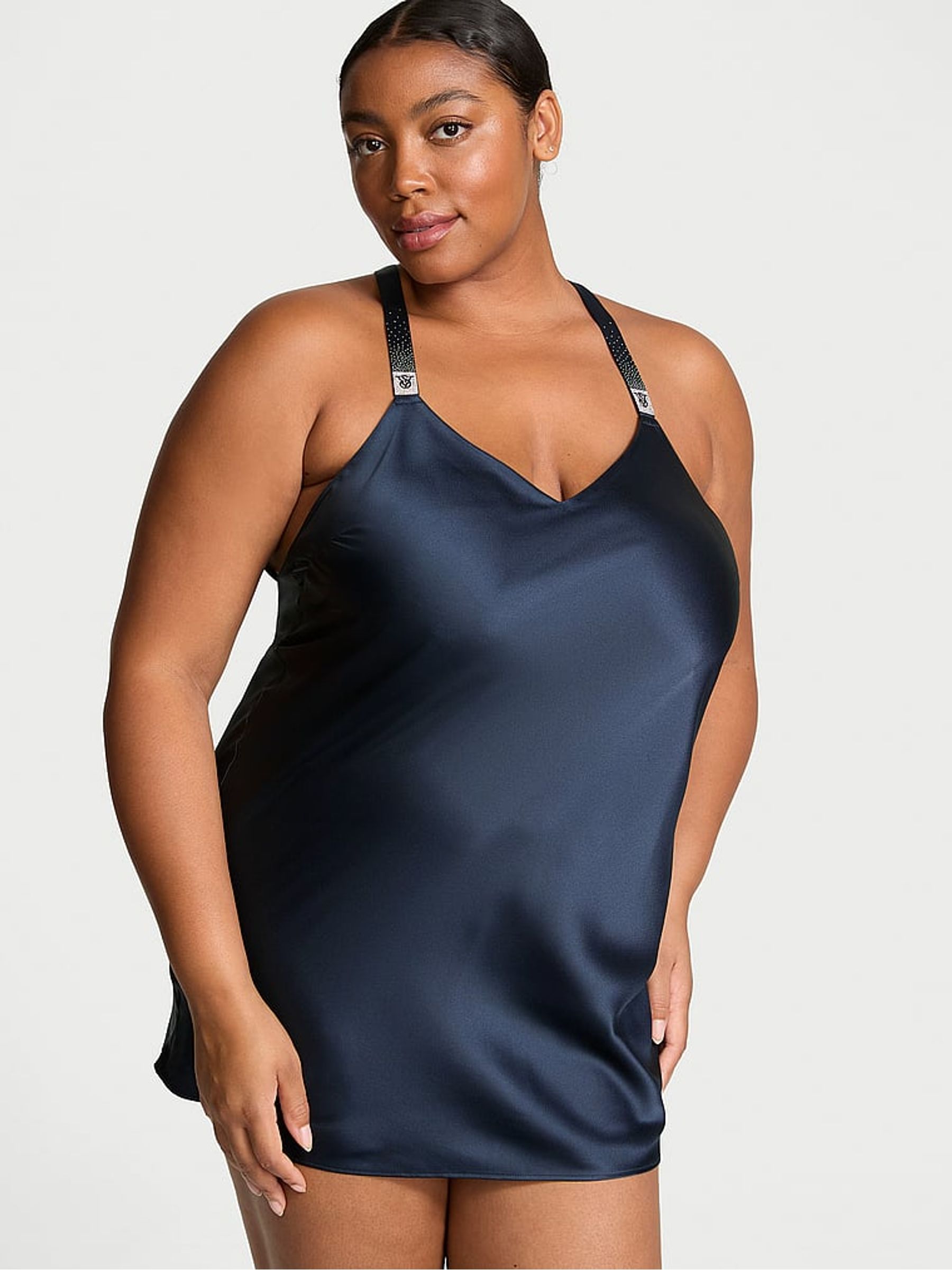 Dark Twilight Blue Shine Strappy Back Satin Slip Dress - Image 1 of 4