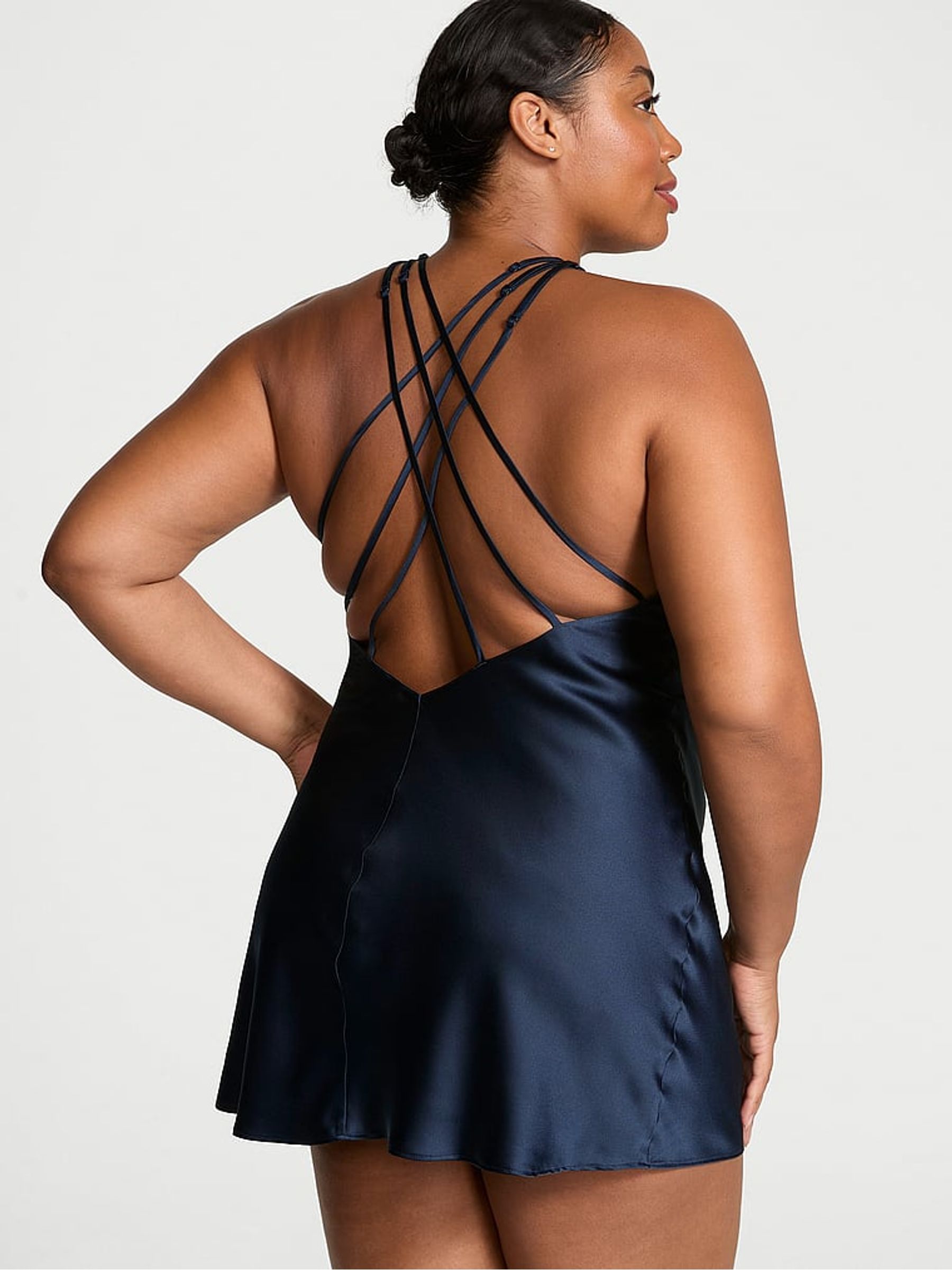 Dark Twilight Blue Shine Strappy Back Satin Slip Dress - Image 2 of 4