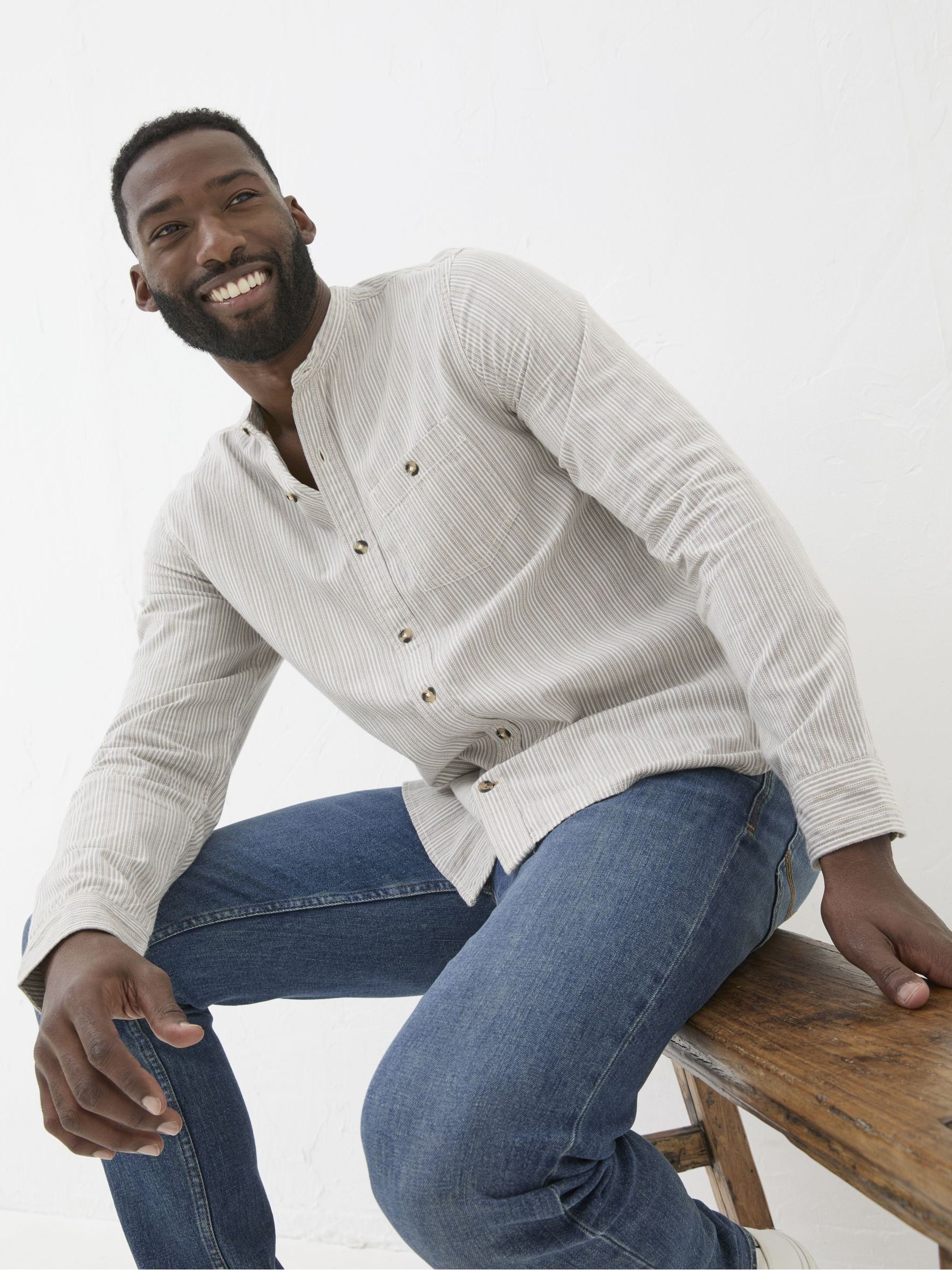 Natural Long Sleeve Stripe Grandad Shirt - Image 3 of 6