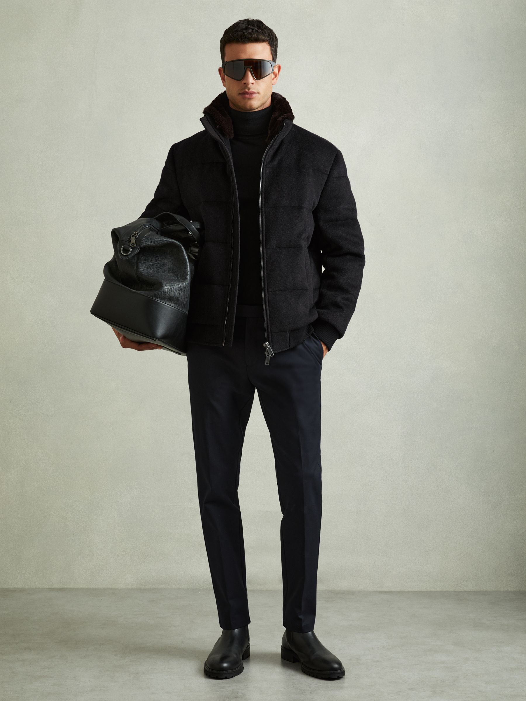 Quilted Wool Blend Herringbone and Faux Fur Jacket in Navy Melange - Image 3 of 6