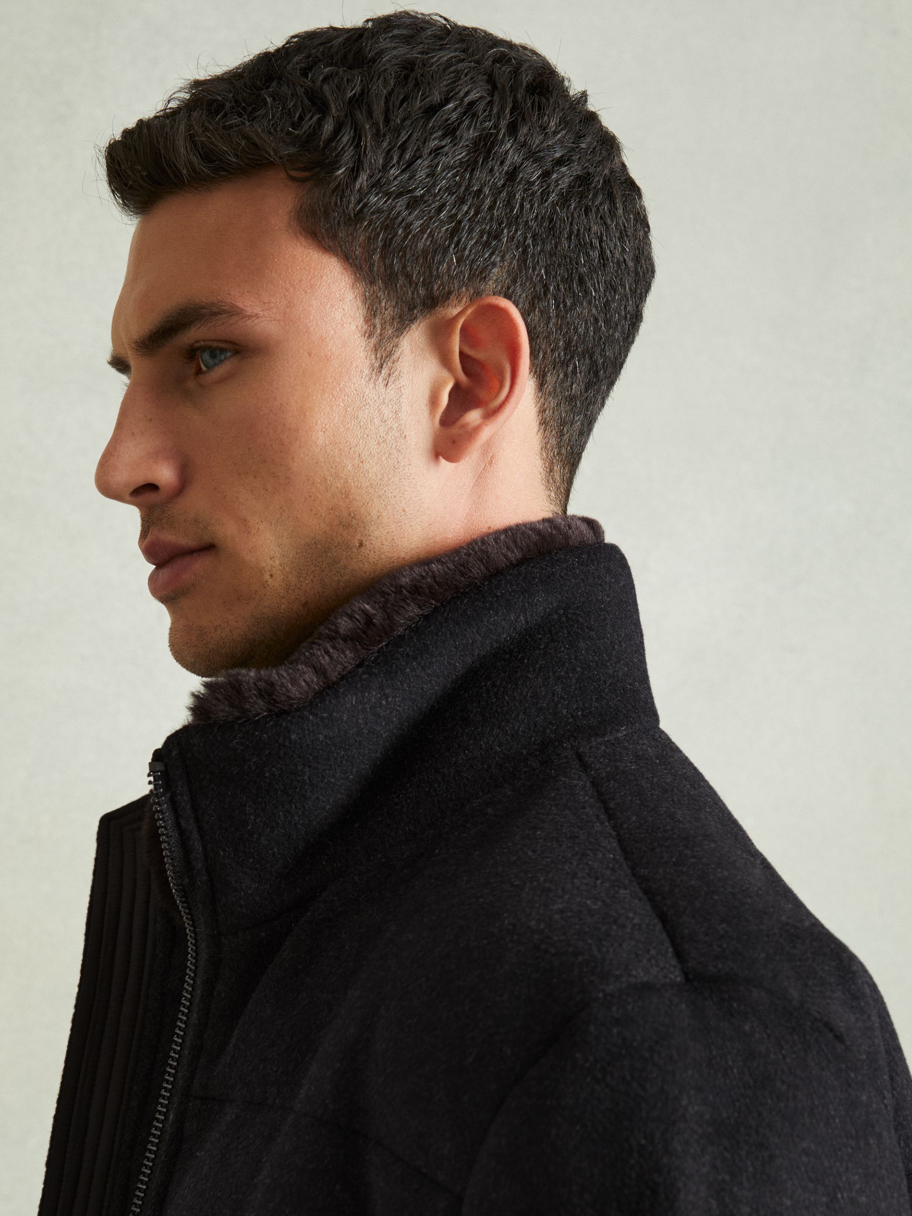 Quilted Wool Blend Herringbone and Faux Fur Jacket in Navy Melange - Image 4 of 6