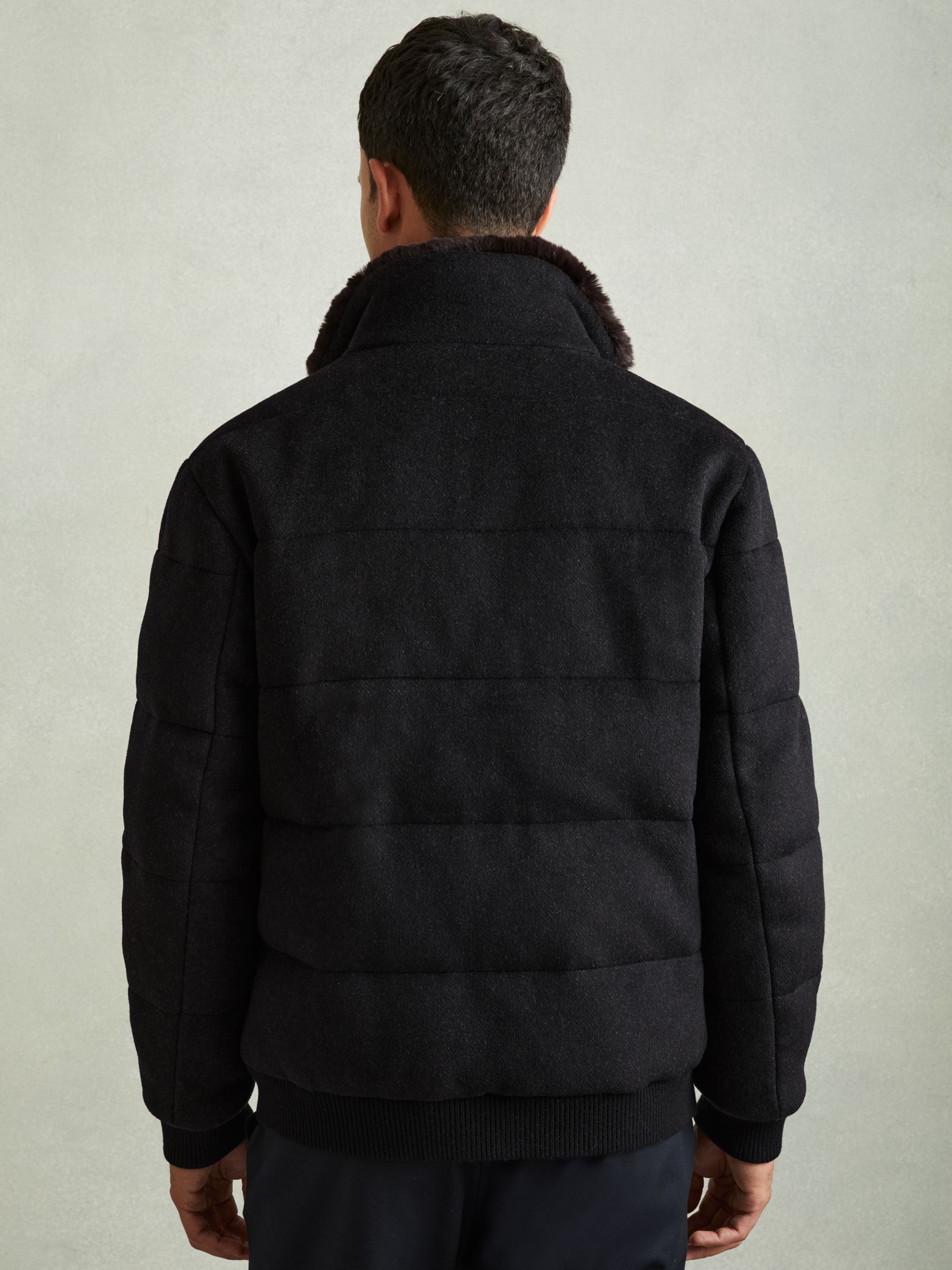 Quilted Wool Blend Herringbone and Faux Fur Jacket in Navy Melange - Image 5 of 6