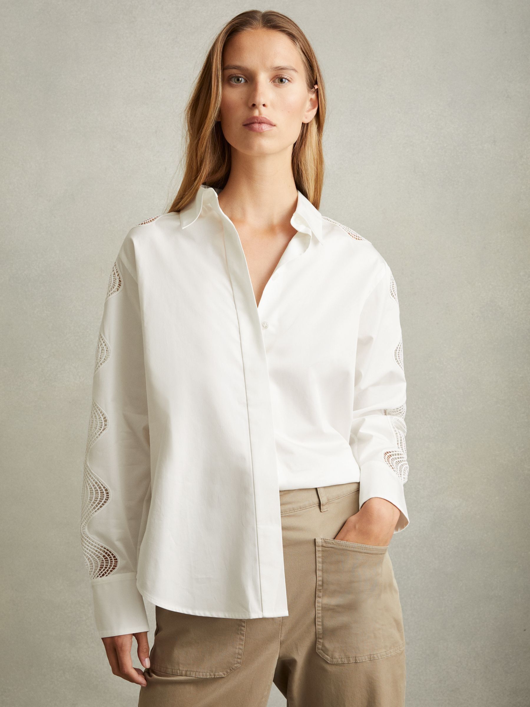 100% Cotton Cut Out Embroidered Shirt in Ivory - Image 1 of 5