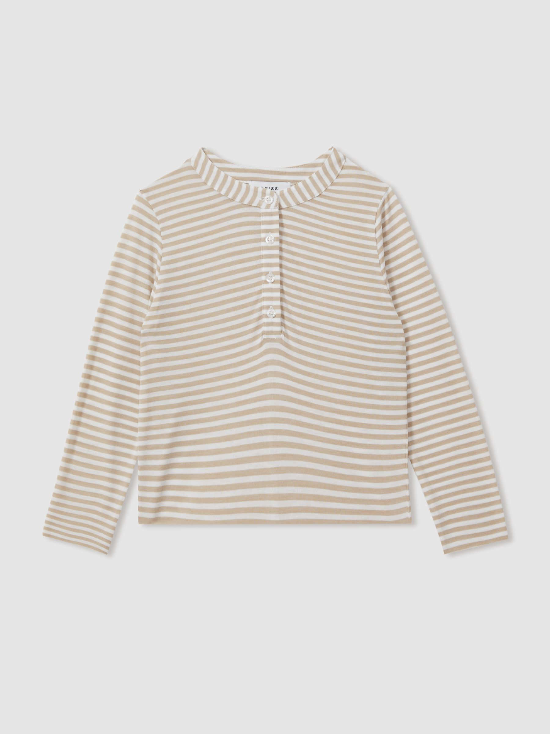 13-14 yrs Striped Grandad Collar Long-Sleeve Top in Oatmeal - Image 1 of 4