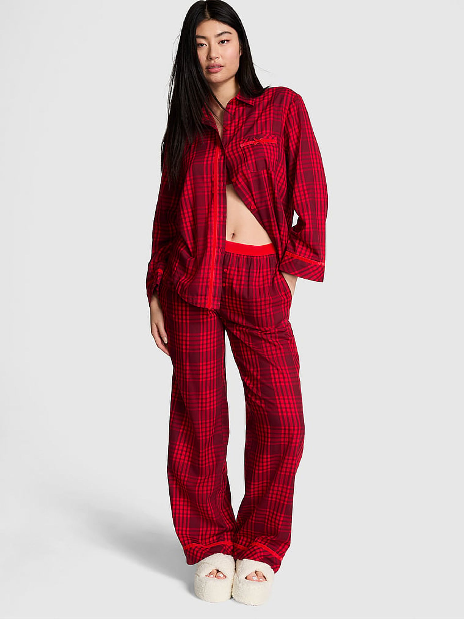 Vermillion Red Plaid Flannel Long Pyjama Set - Image 1 of 4