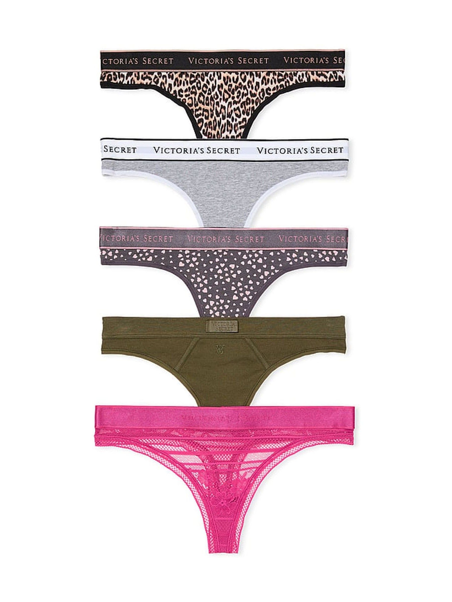 Leopard/Grey/Green/Pink Thong Logo 5 Pack Knickers - Image 1 of 3