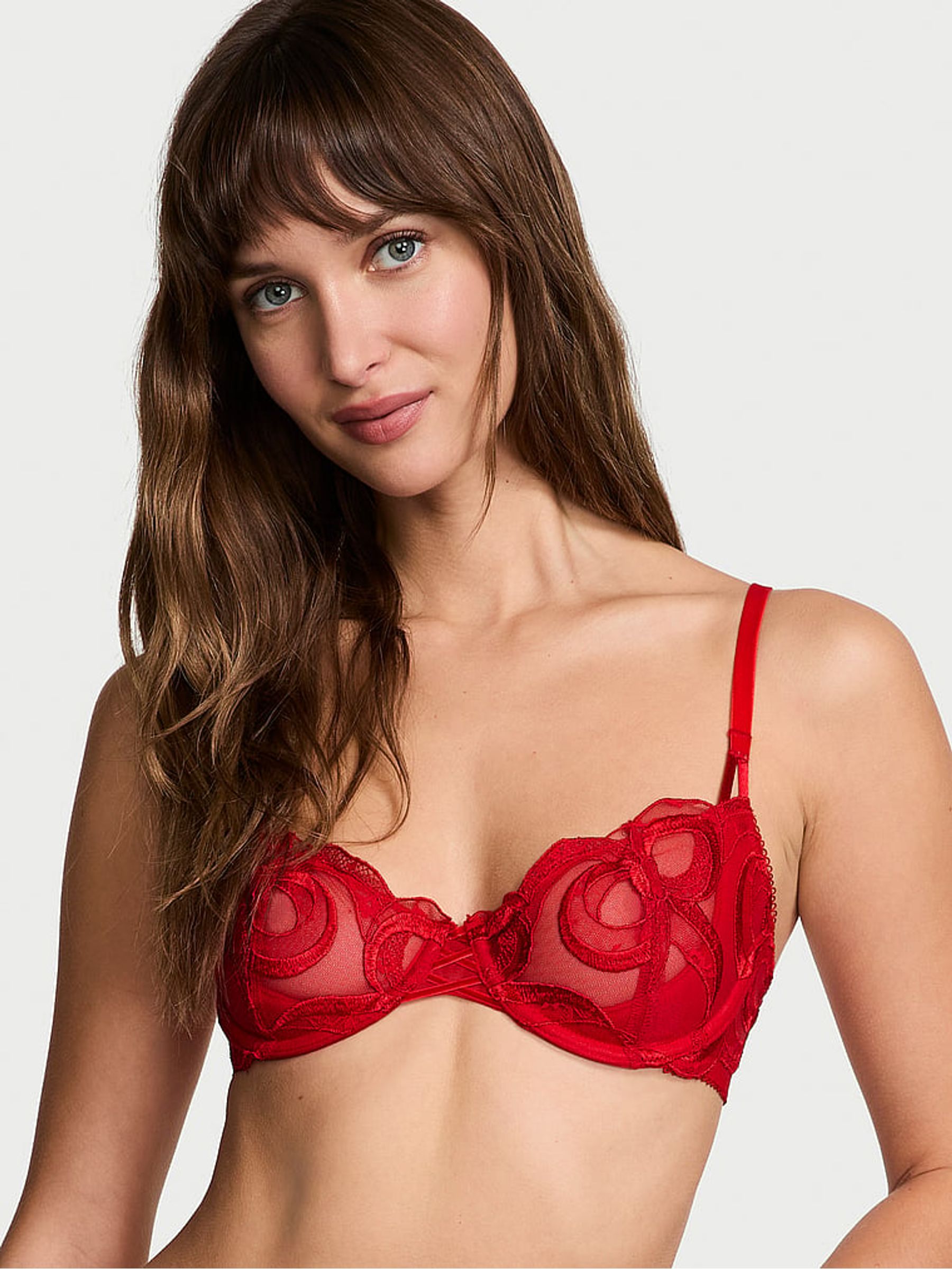 Vermillion Red Unlined Balcony Bow Embroidery Bra - Image 1 of 1