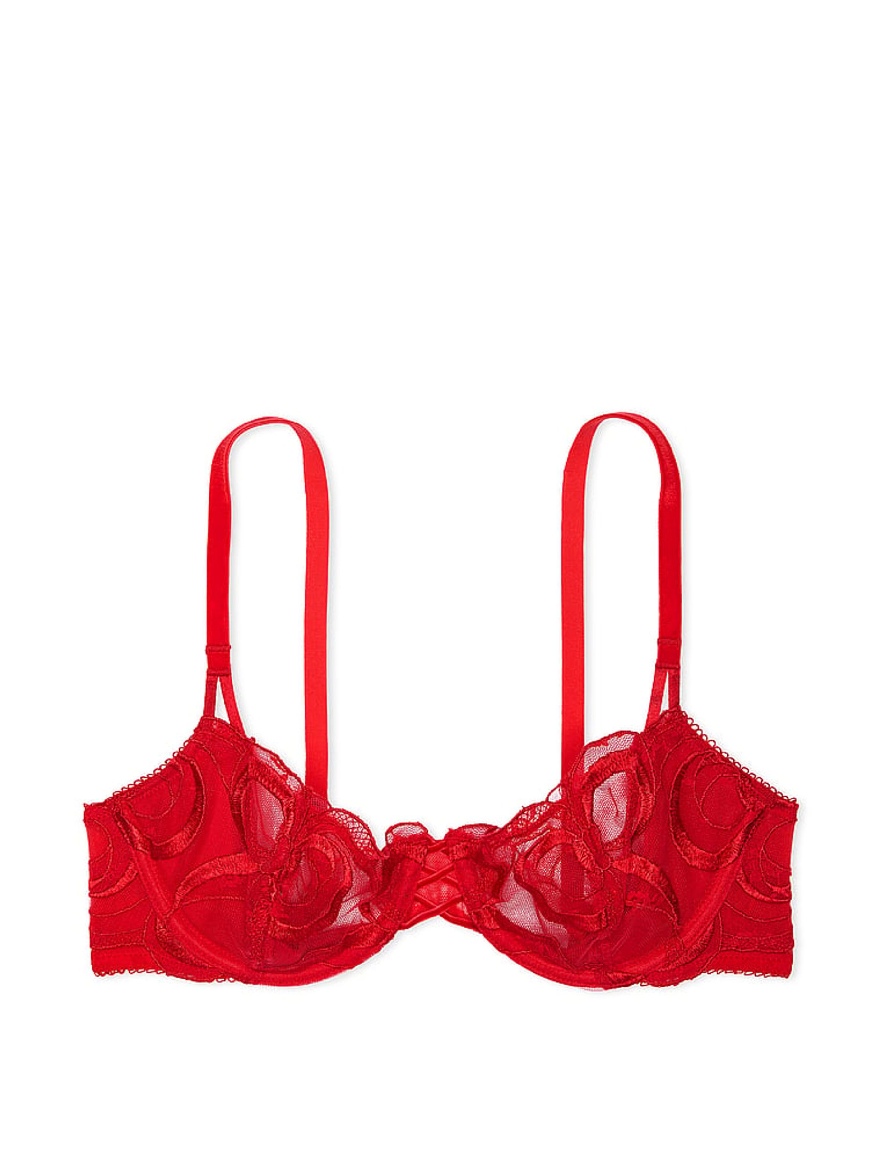 Vermillion Red Unlined Balcony Bow Embroidery Bra - Image 3 of 4