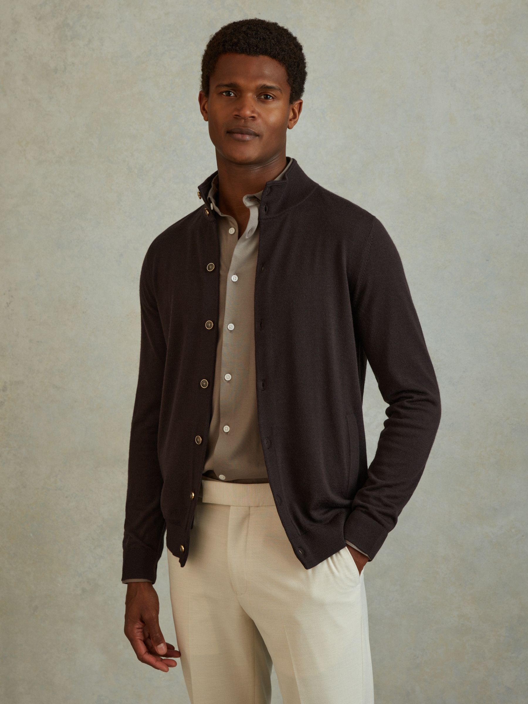 Merino Wool Button-Through Funnel Neck Cardigan in Coco Brown - Image 1 of 6