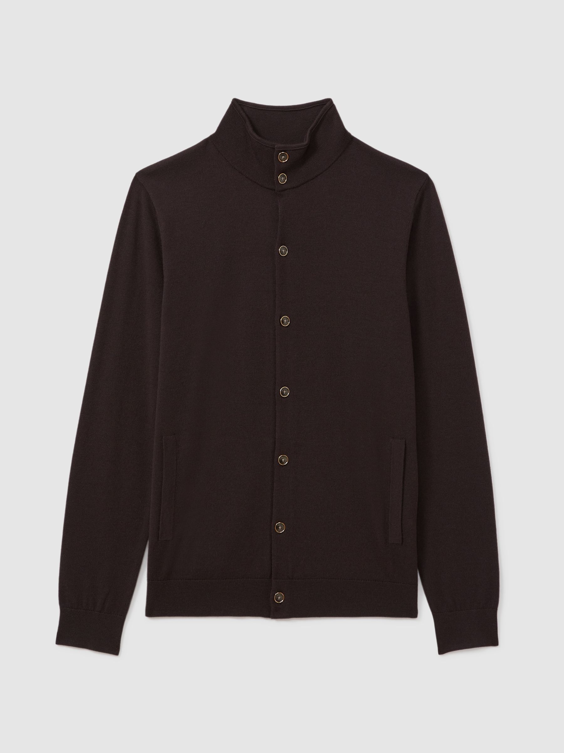 Merino Wool Button-Through Funnel Neck Cardigan in Coco Brown - Image 2 of 6