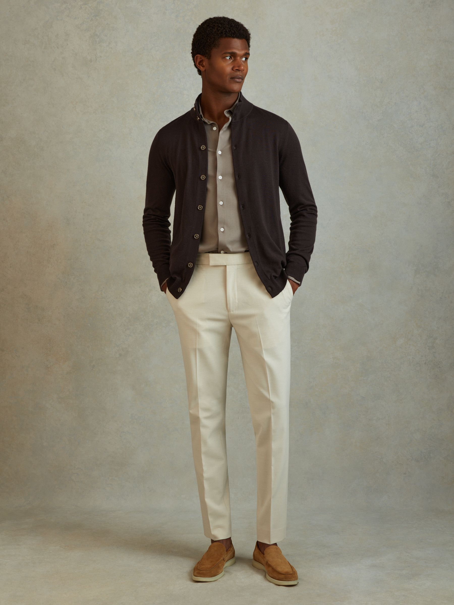 Merino Wool Button-Through Funnel Neck Cardigan in Coco Brown - Image 3 of 6