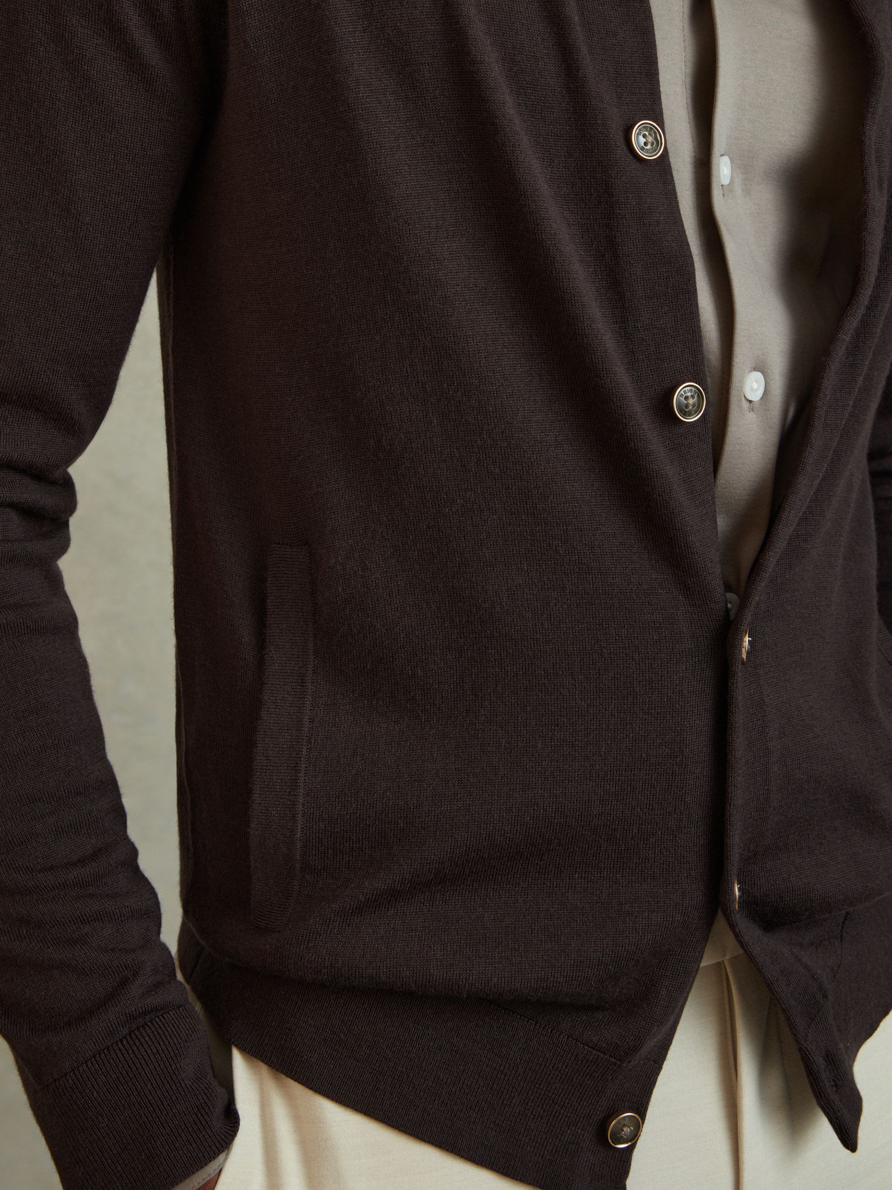 Merino Wool Button-Through Funnel Neck Cardigan in Coco Brown - Image 4 of 6