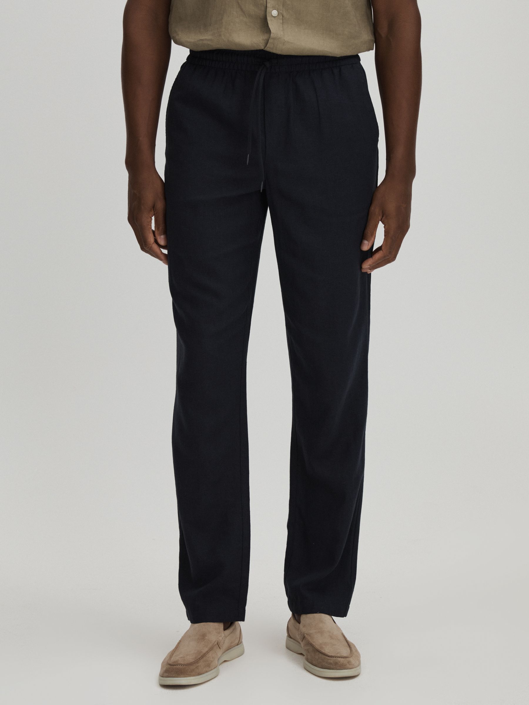 Les Deux Forest Green Linen Blend Drawstring Trousers in Dark Navy - Image 1 of 6
