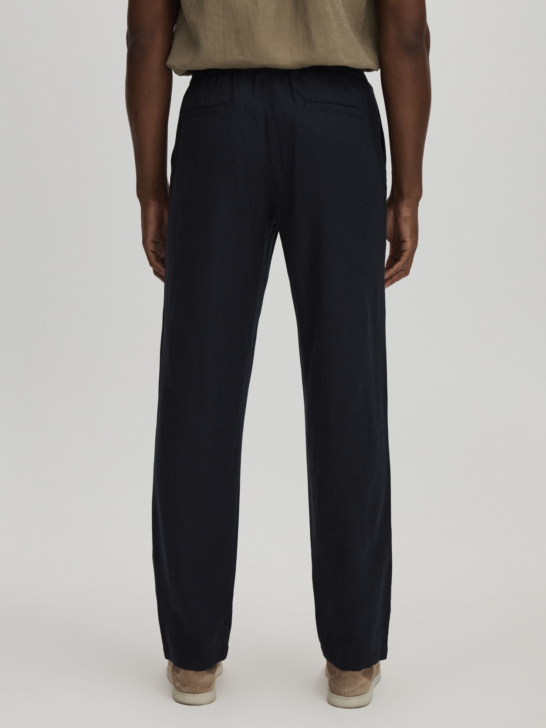 Les Deux Forest Green Linen Blend Drawstring Trousers in Dark Navy - Image 5 of 6