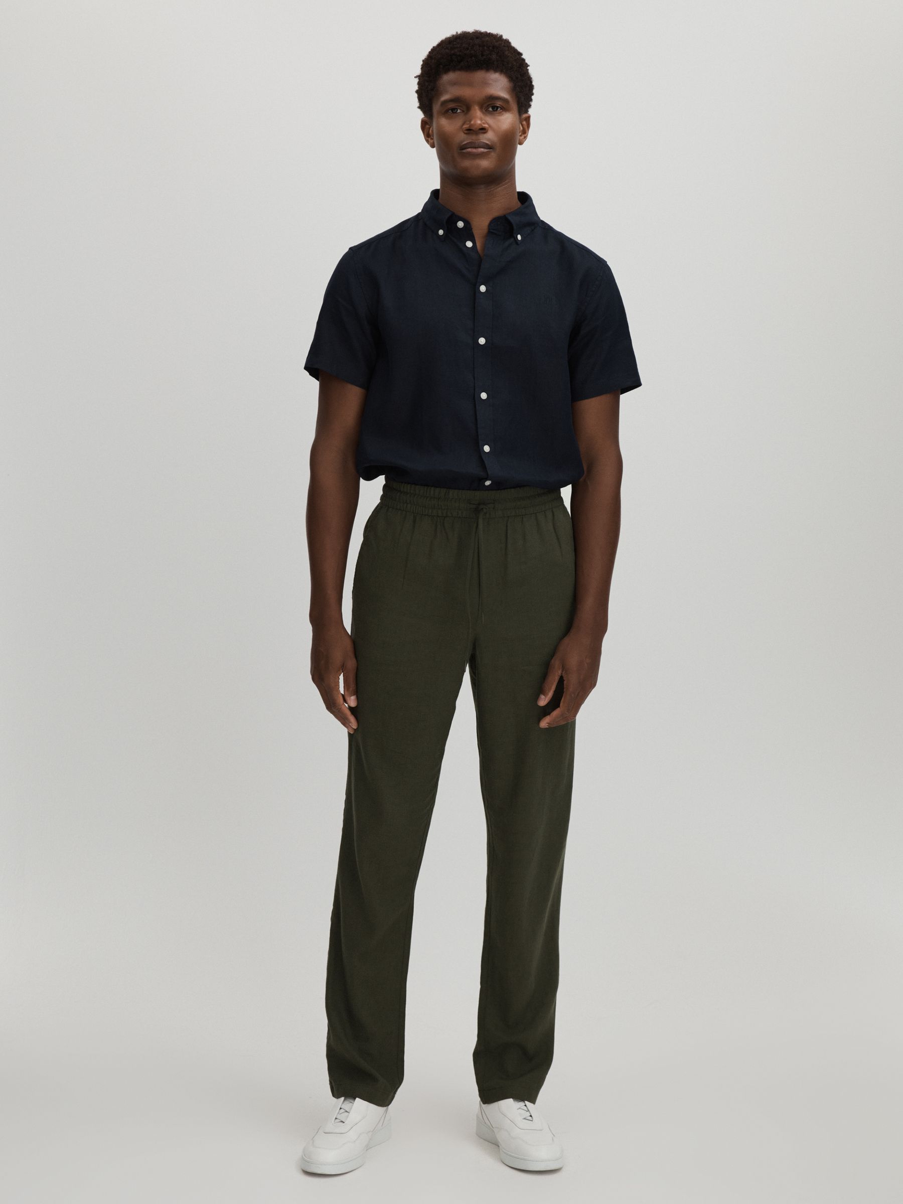 Les Deux Forest Green Linen Blend Drawstring Trousers in Forest Green - Image 1 of 6 Les Deux Forest Green Linen Blend Drawstring Trousers in Forest Green - Image 1 of 6