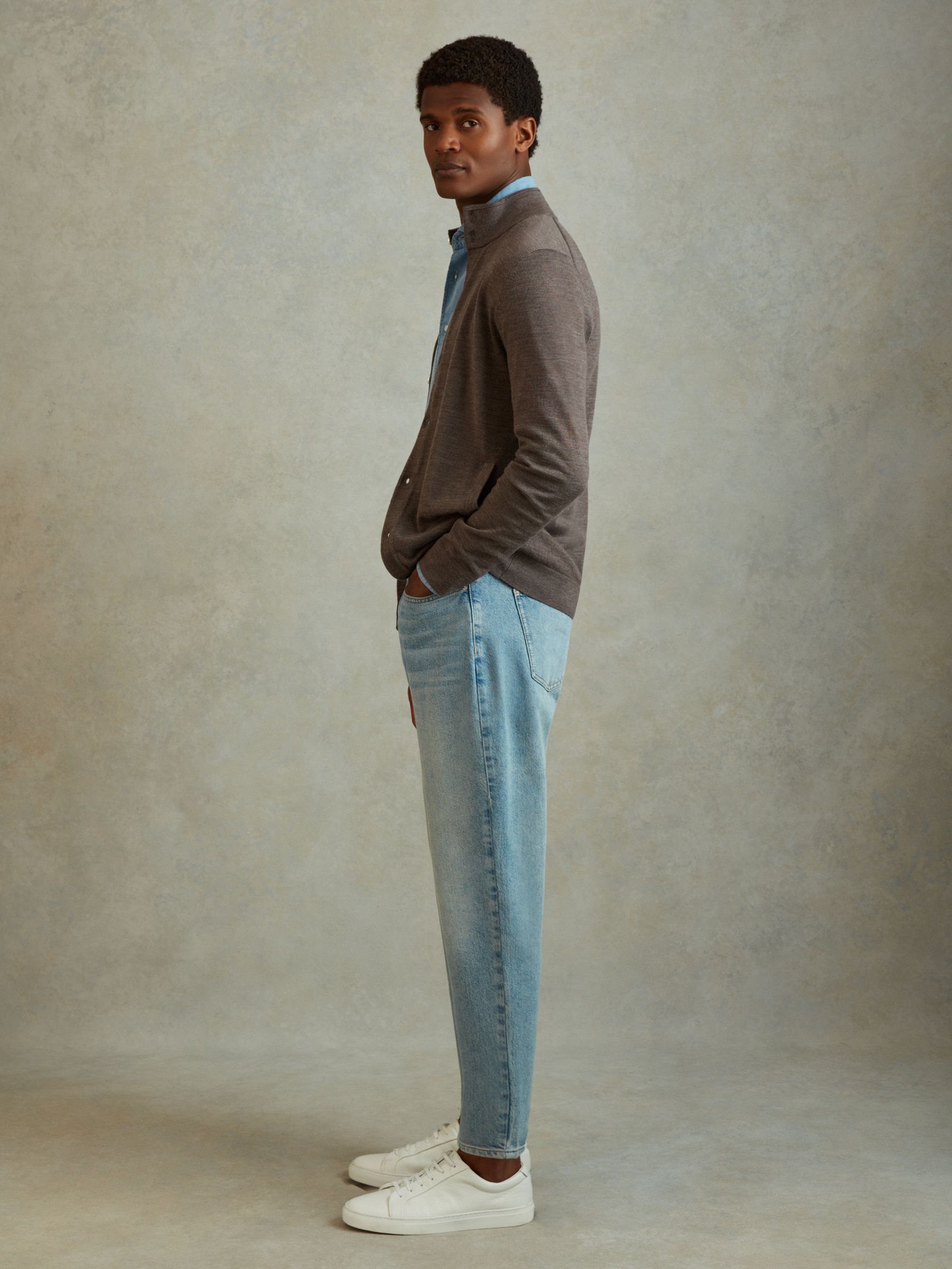 Merino Wool Button-Through Funnel Neck Cardigan in Dark Brown Melange - Image 1 of 6