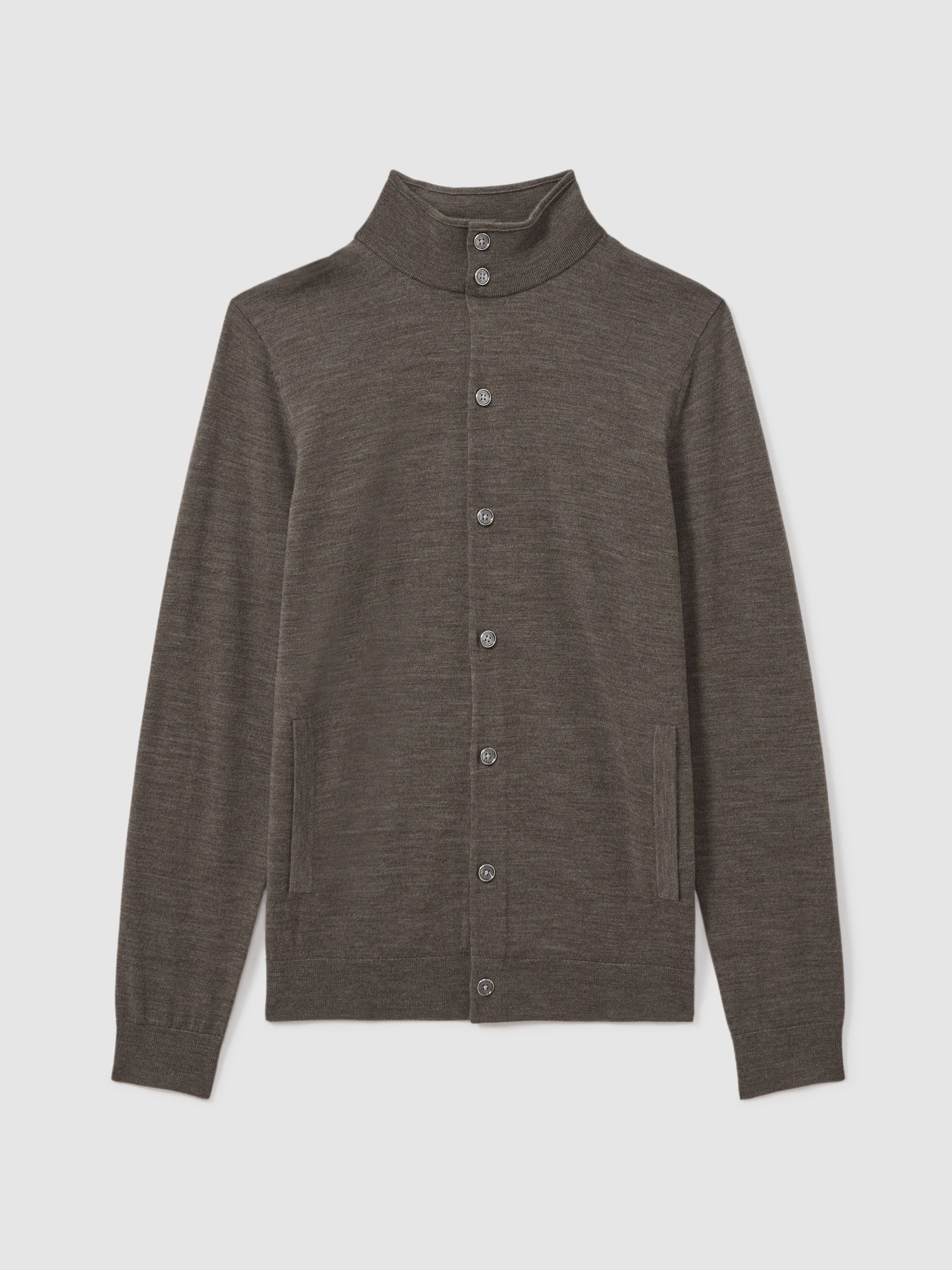 Merino Wool Button-Through Funnel Neck Cardigan in Dark Brown Melange - Image 2 of 6