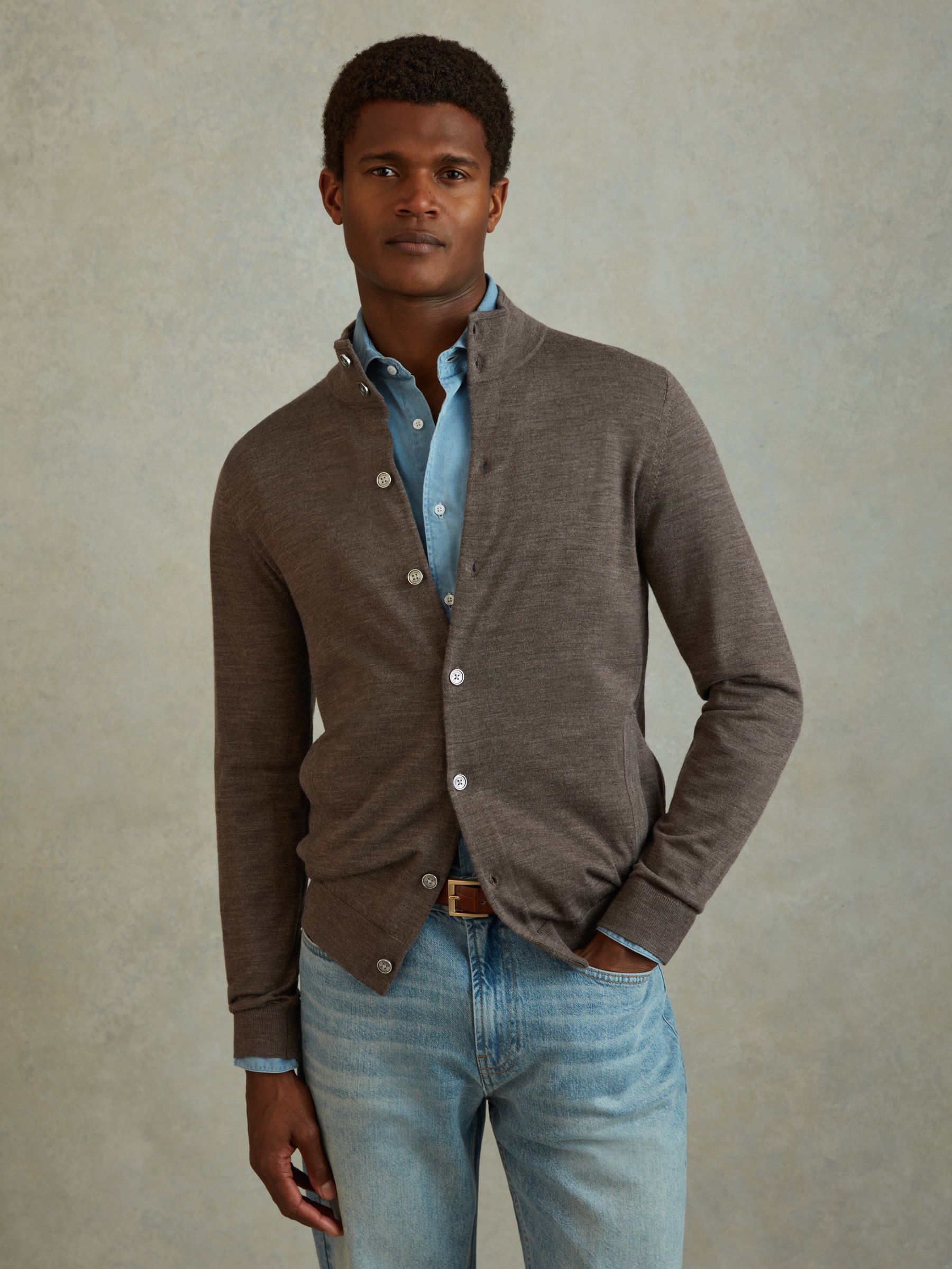 Merino Wool Button-Through Funnel Neck Cardigan in Dark Brown Melange - Image 3 of 6