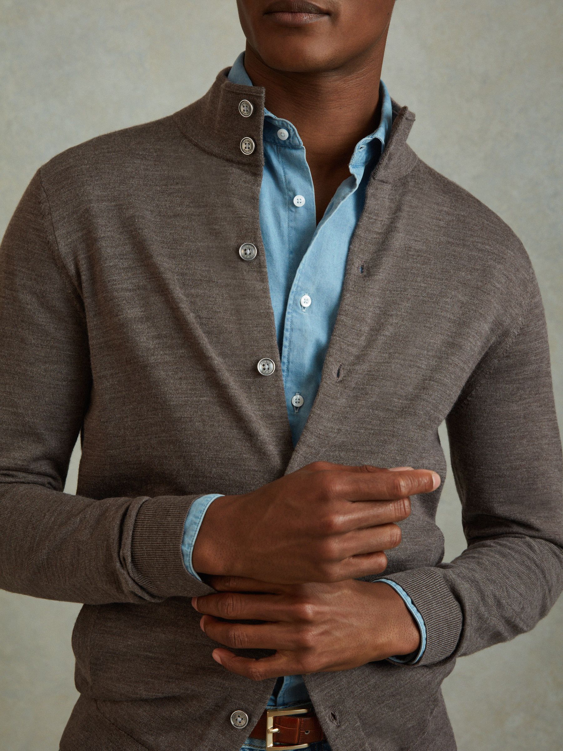 Merino Wool Button-Through Funnel Neck Cardigan in Dark Brown Melange - Image 4 of 6