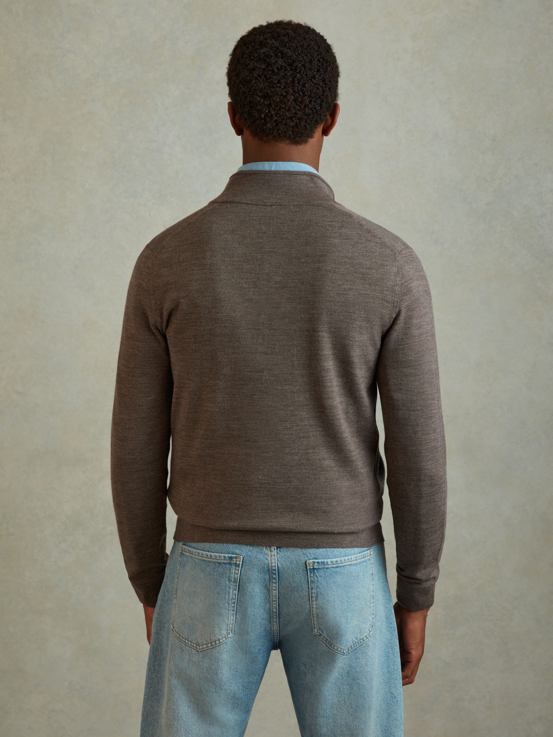 Merino Wool Button-Through Funnel Neck Cardigan in Dark Brown Melange - Image 5 of 6
