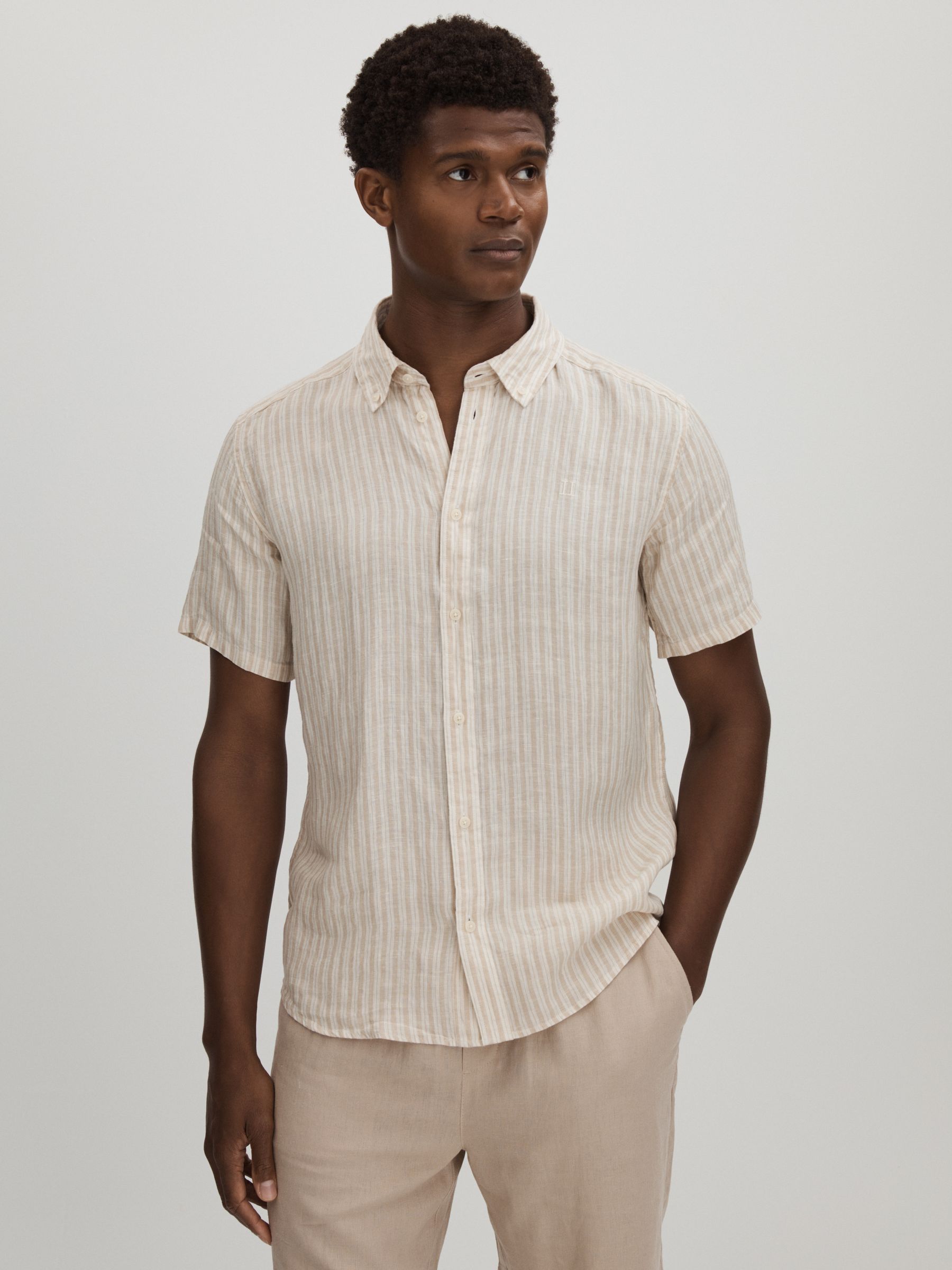 Les Deux Light Green Linen Oxford Shirt in Sand/Ivory - Image 1 of 6 Les Deux Light Green Linen Oxford Shirt in Sand/Ivory - Image 1 of 6