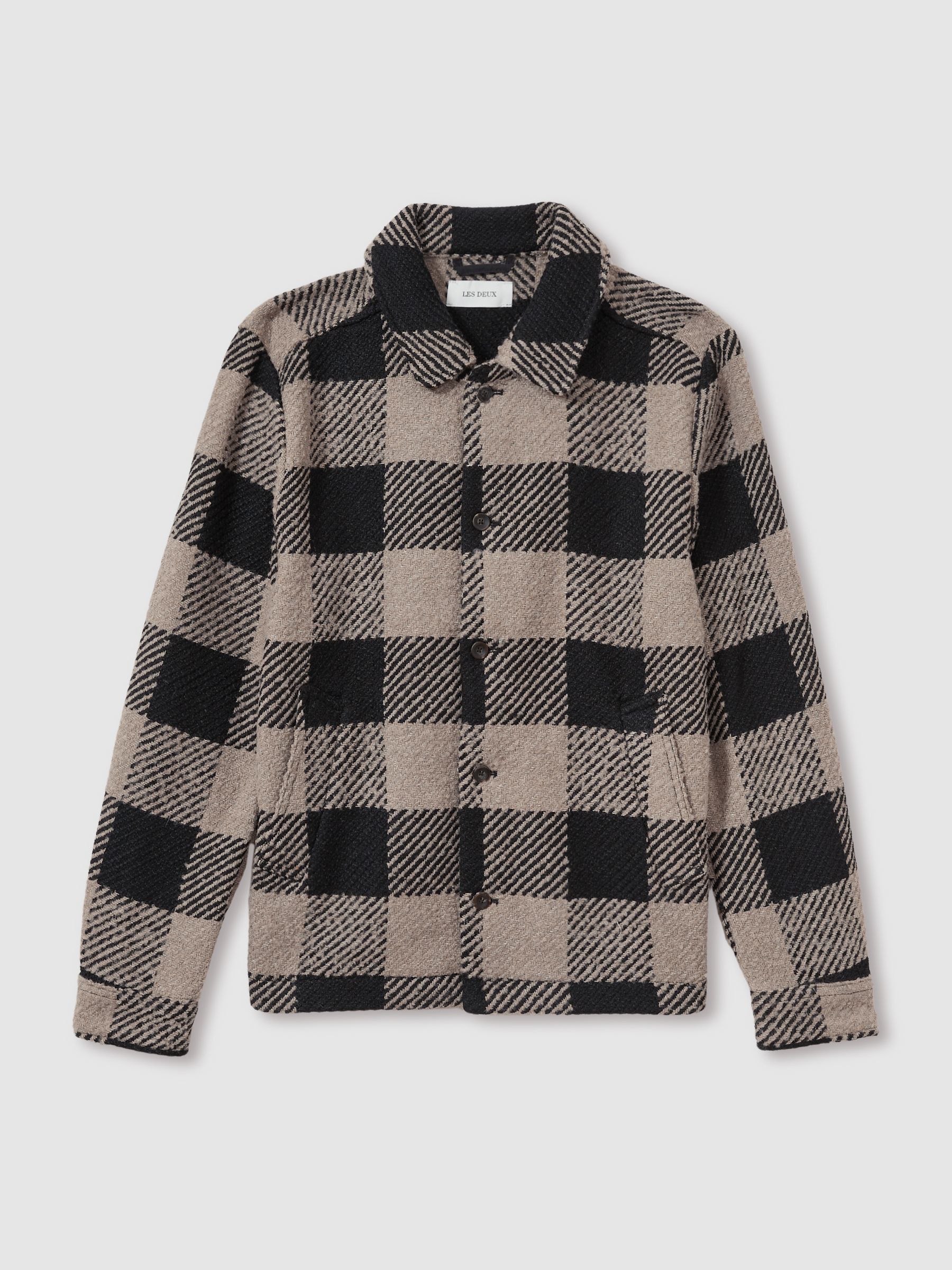 Les Deux Wool-Blend Check Bouclé Overshirt in Taupe/Black - Image 2 of 6