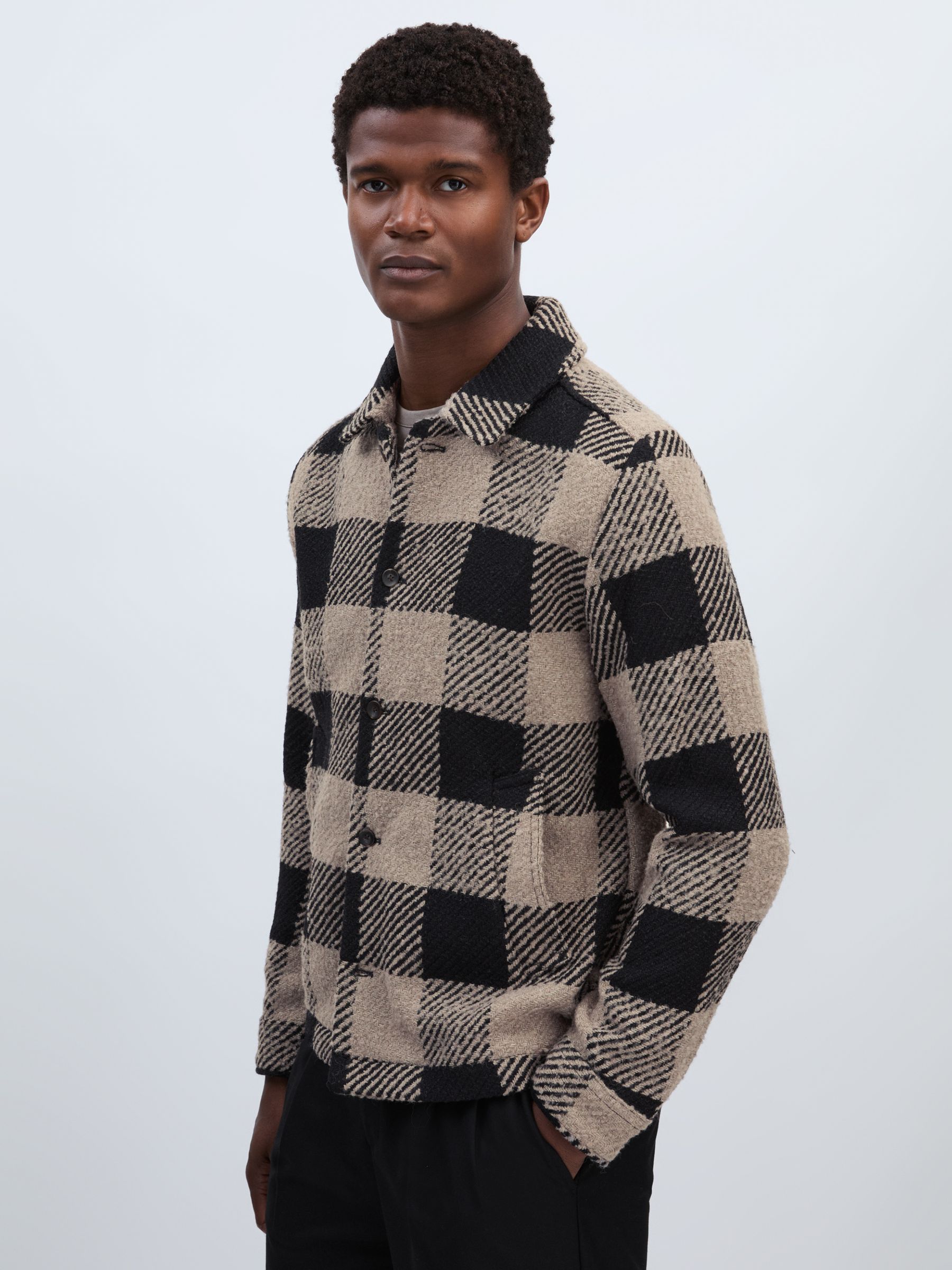 Les Deux Wool-Blend Check Bouclé Overshirt in Taupe/Black - Image 3 of 6