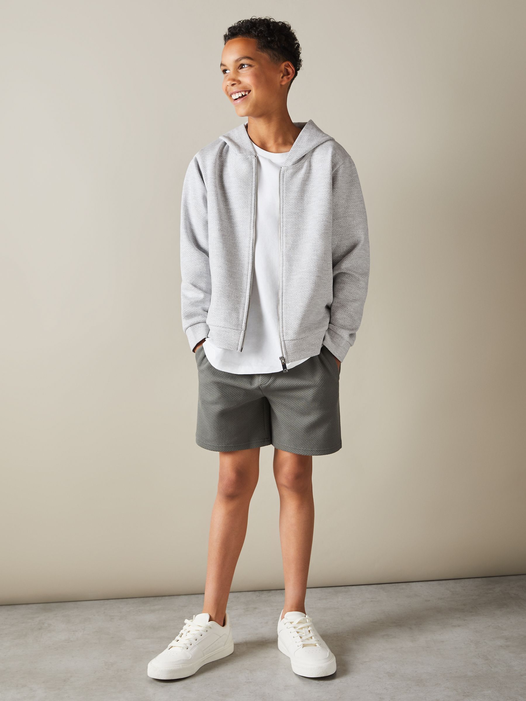 3-9 yrs Cotton Blend Textured Zip-Front Hoodie in Grey Melange - Image 1 of 4