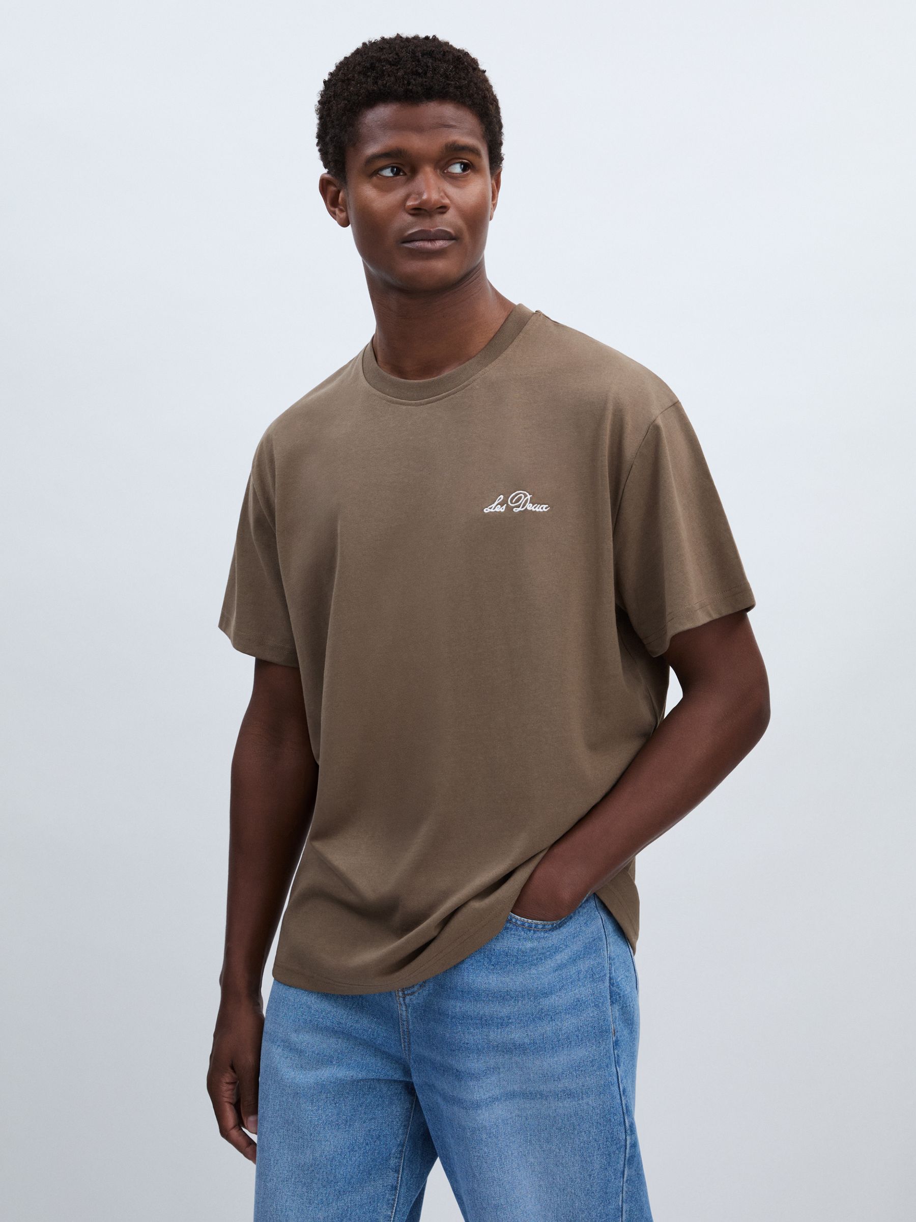 Les Deux Cotton-Blend Crew-Neck T-Shirt in Grey/Ivory - Image 1 of 6