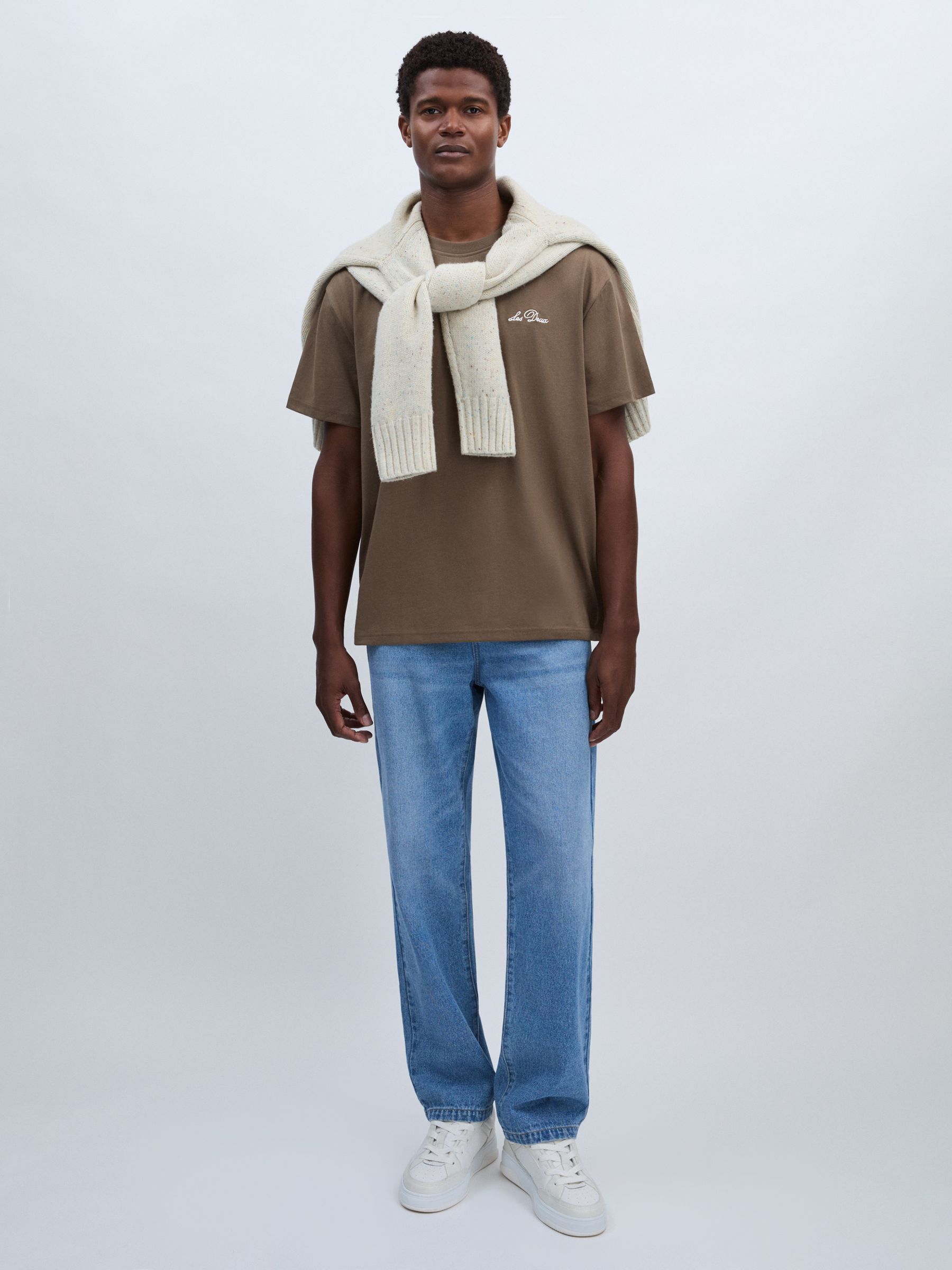 Les Deux Cotton-Blend Crew-Neck T-Shirt in Grey/Ivory - Image 3 of 6
