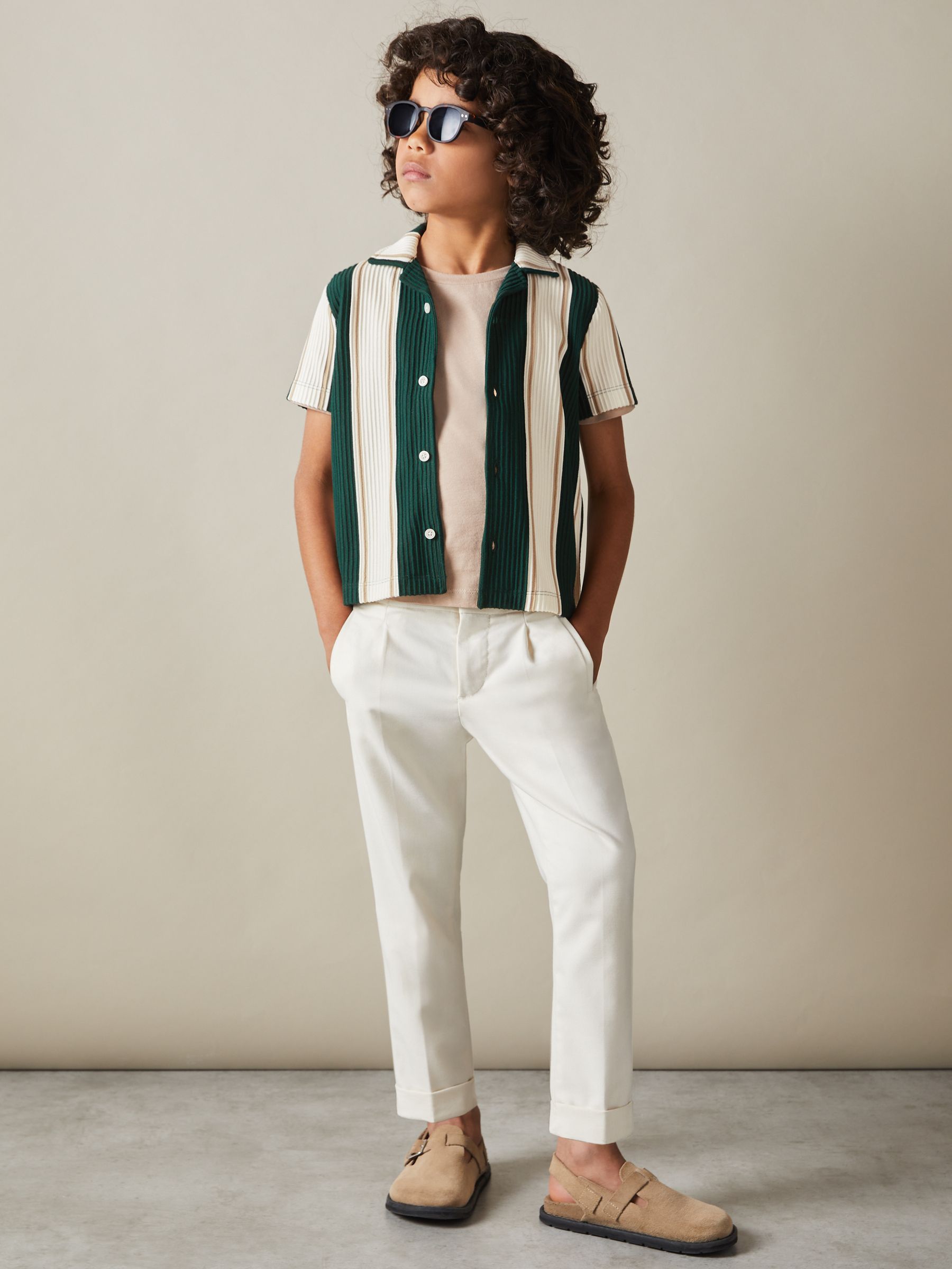 13-14 yrs Ribbed Cuban Collar Shirt in Forest Green/ Off White/ Soft Camel Brown - Image 2 of 4