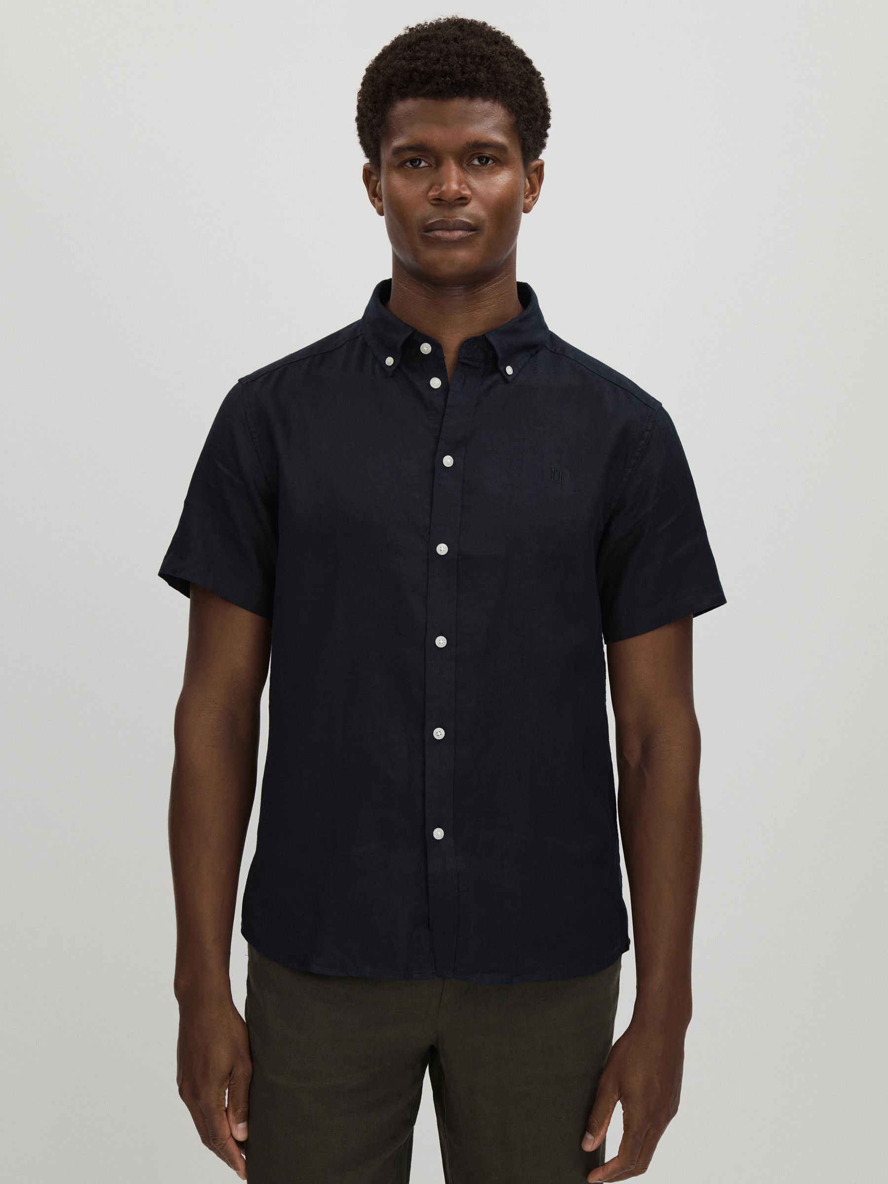 Les Deux Linen Oxford Shirt in Navy - Image 1 of 6 Les Deux Linen Oxford Shirt in Navy - Image 1 of 6